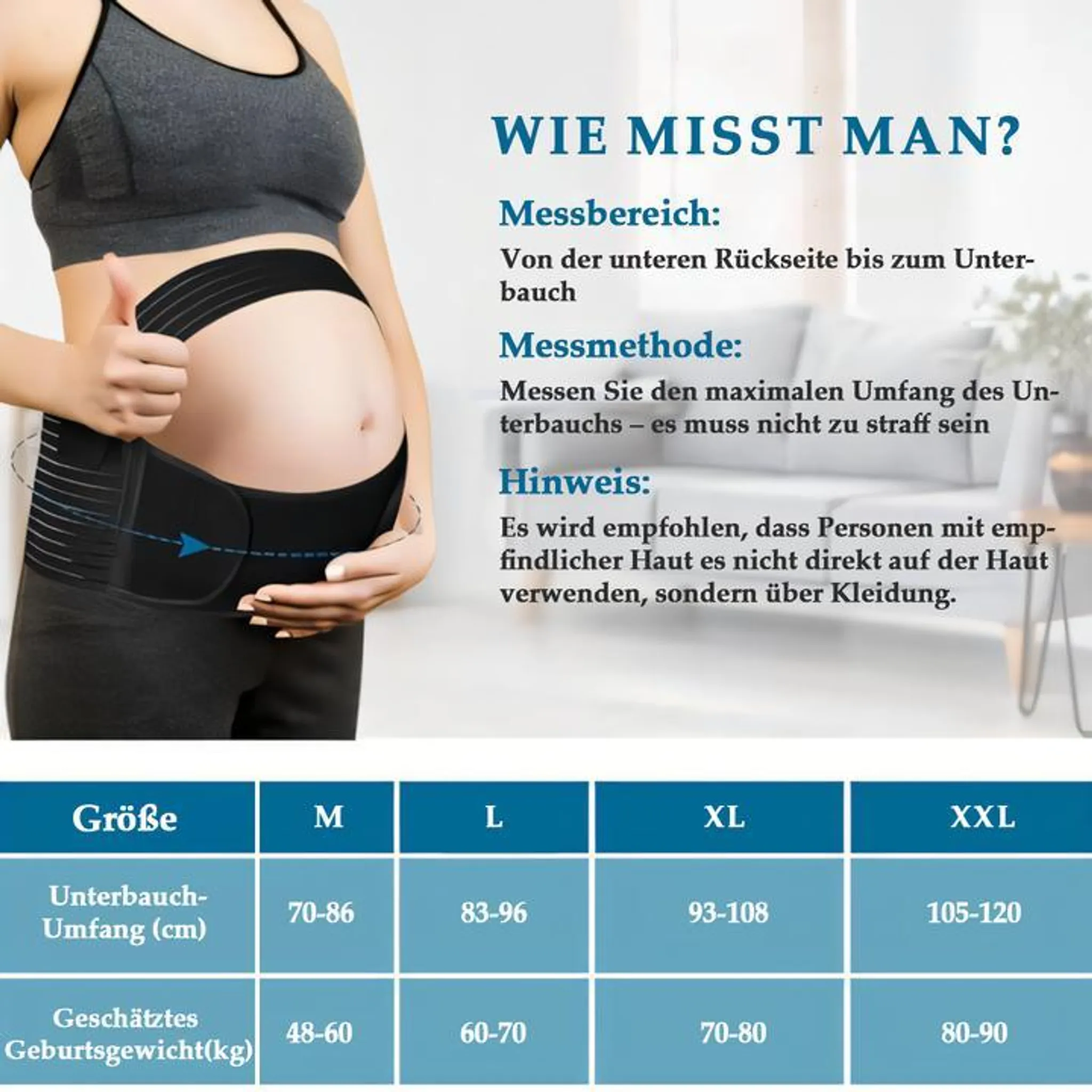 Schwangere Frau mit Bauchband und Größentabelle.