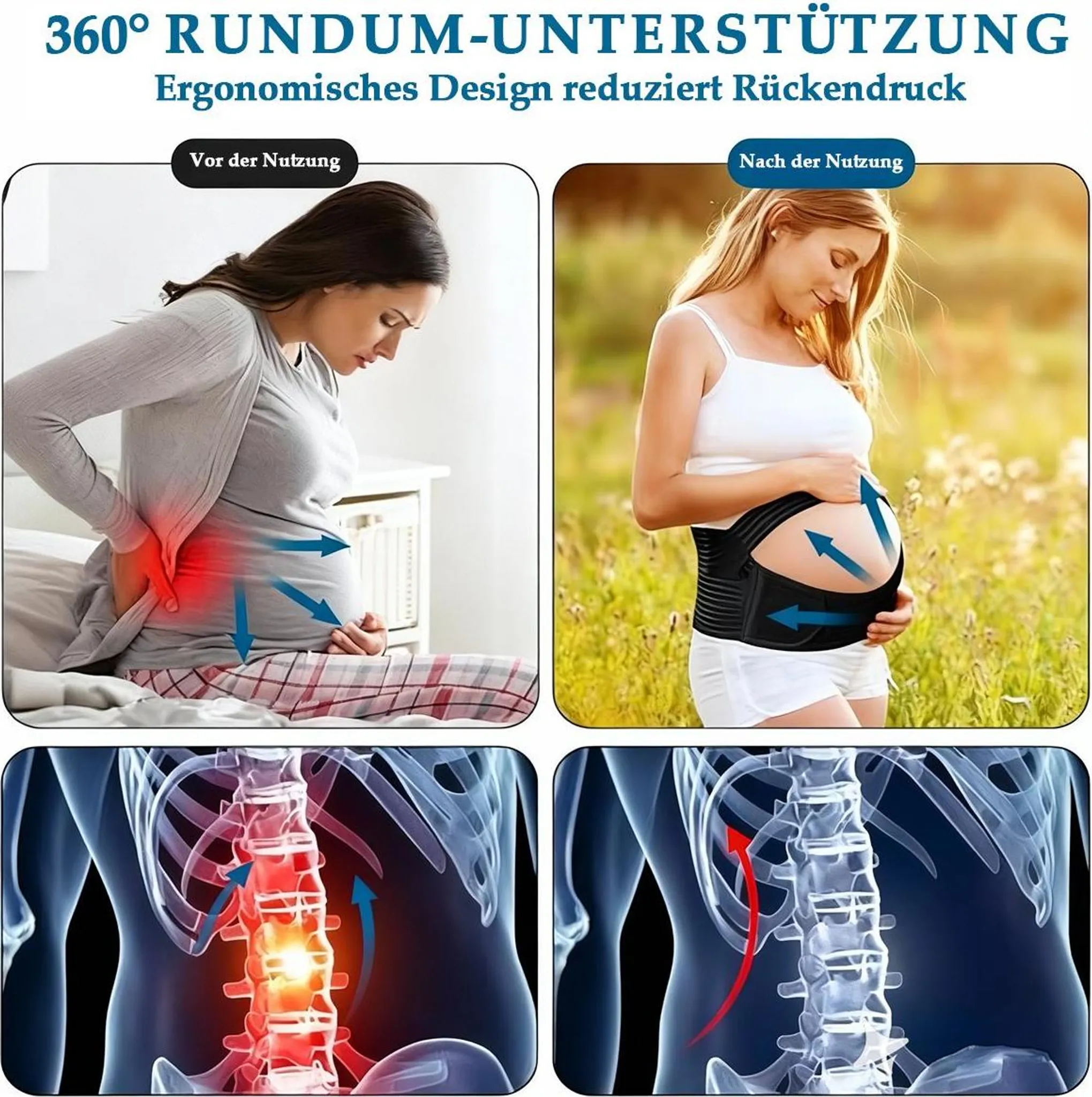 Schwangeren-Rückenstütze: Vorher mit Schmerz, nachher mit Entlastung.