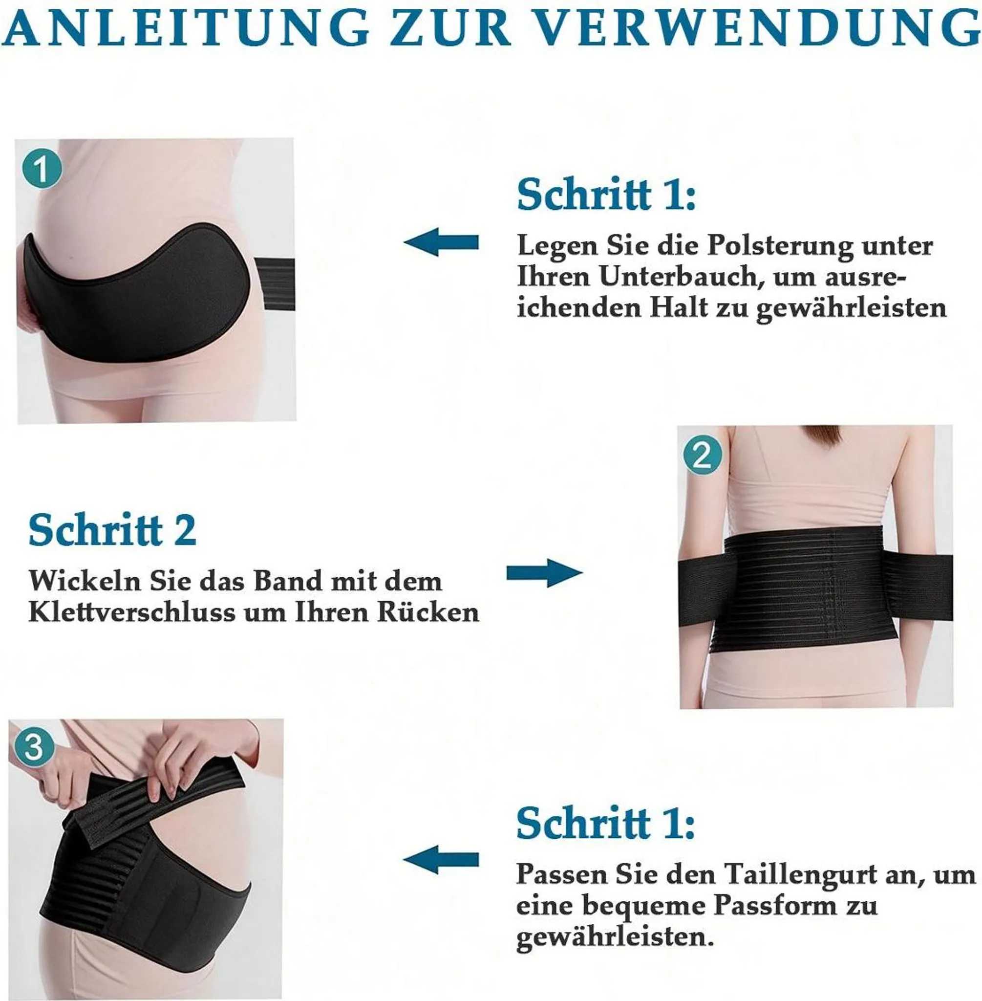Anleitung zur Verwendung eines Bauchgurtes in drei Schritten.