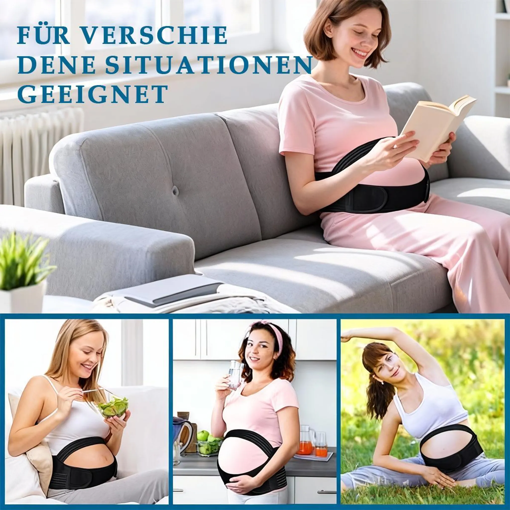 Schwangere Frauen nutzen eine Stütze in verschiedenen Situationen: lesend, essend, trinkend, sportend.