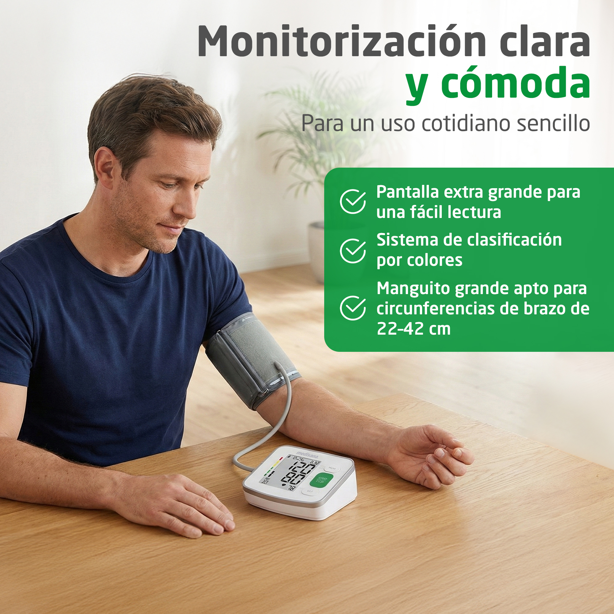 Man met bloeddrukmeter om de arm, toont duidelijke en comfortabele monitoring.