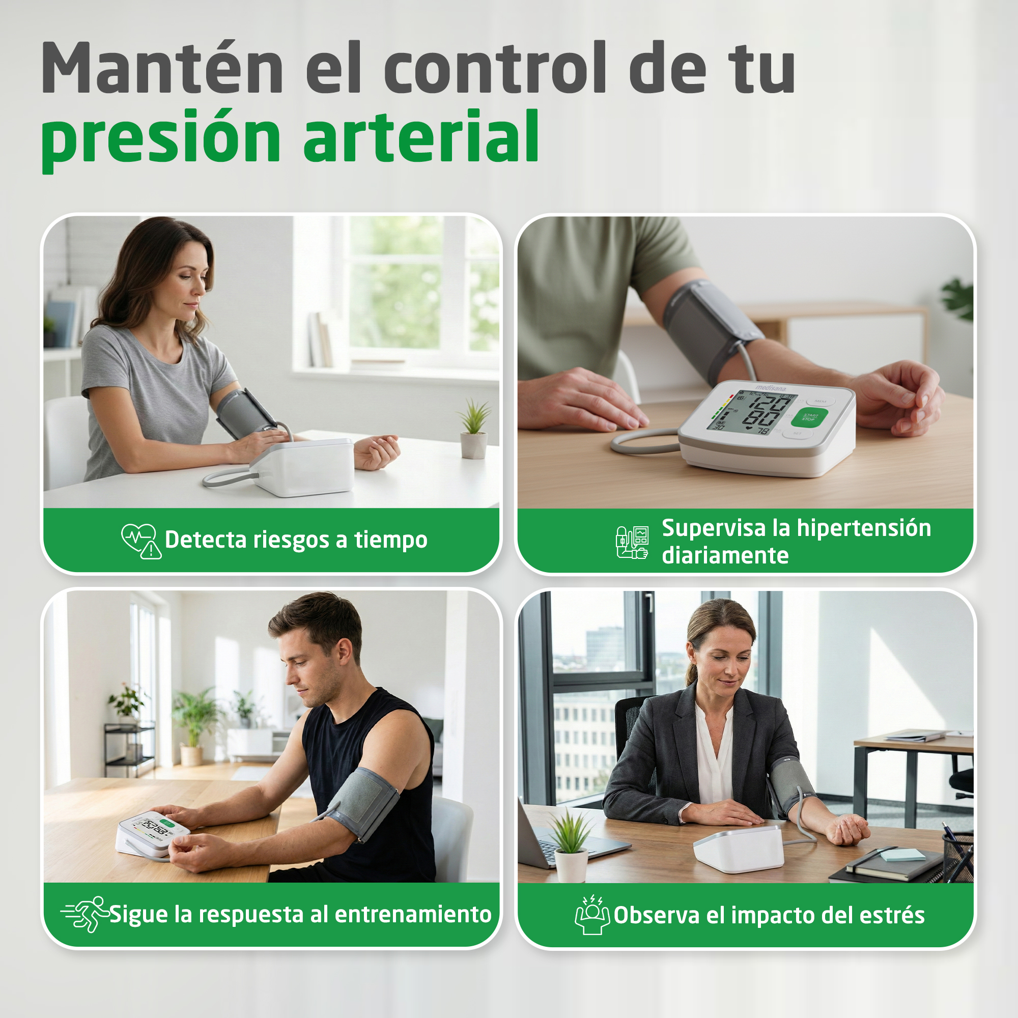 Vier scènes tonen mensen die bloeddrukmeters gebruiken.