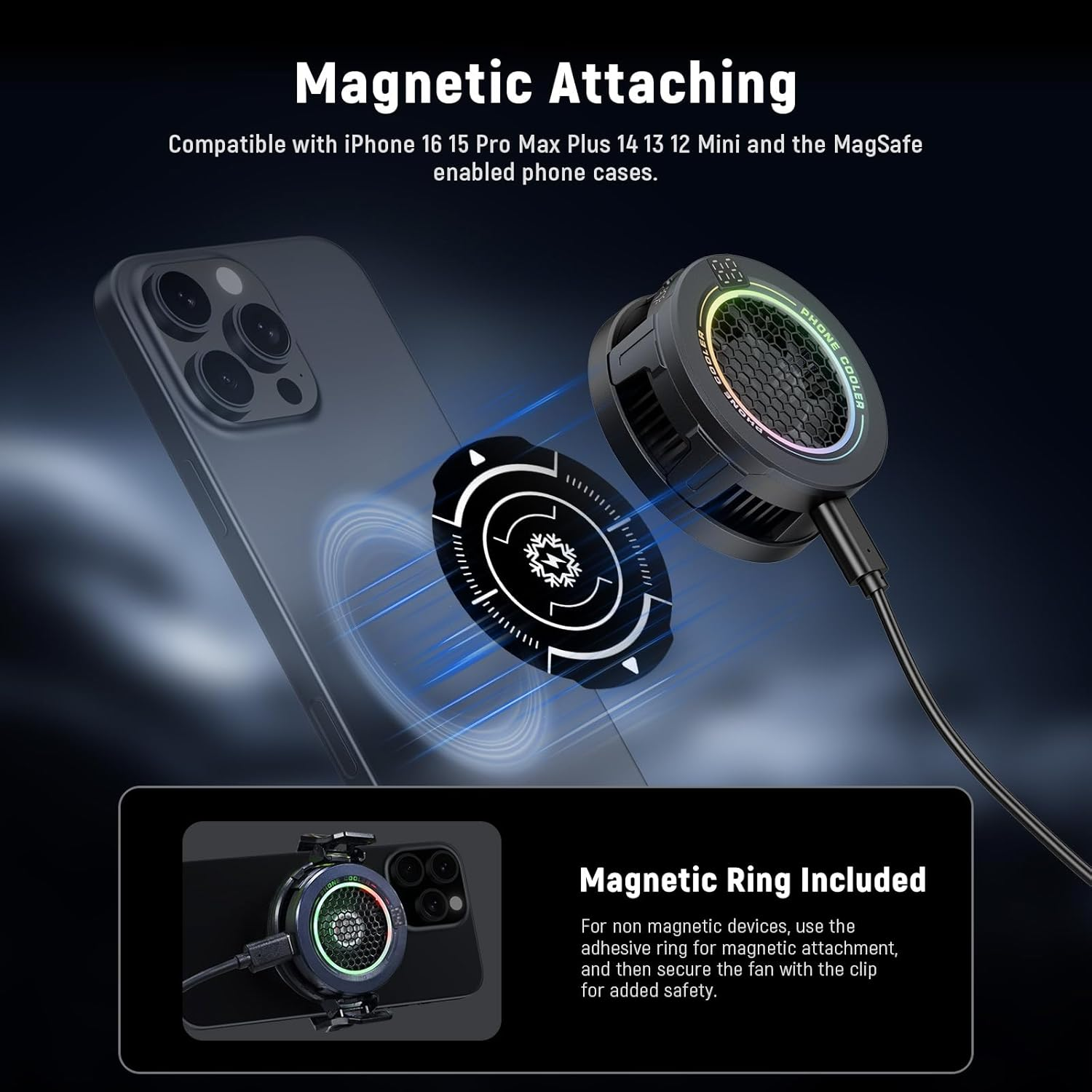 Handykühler magnetisch am iPhone befestigt. Magnetring inklusive.
