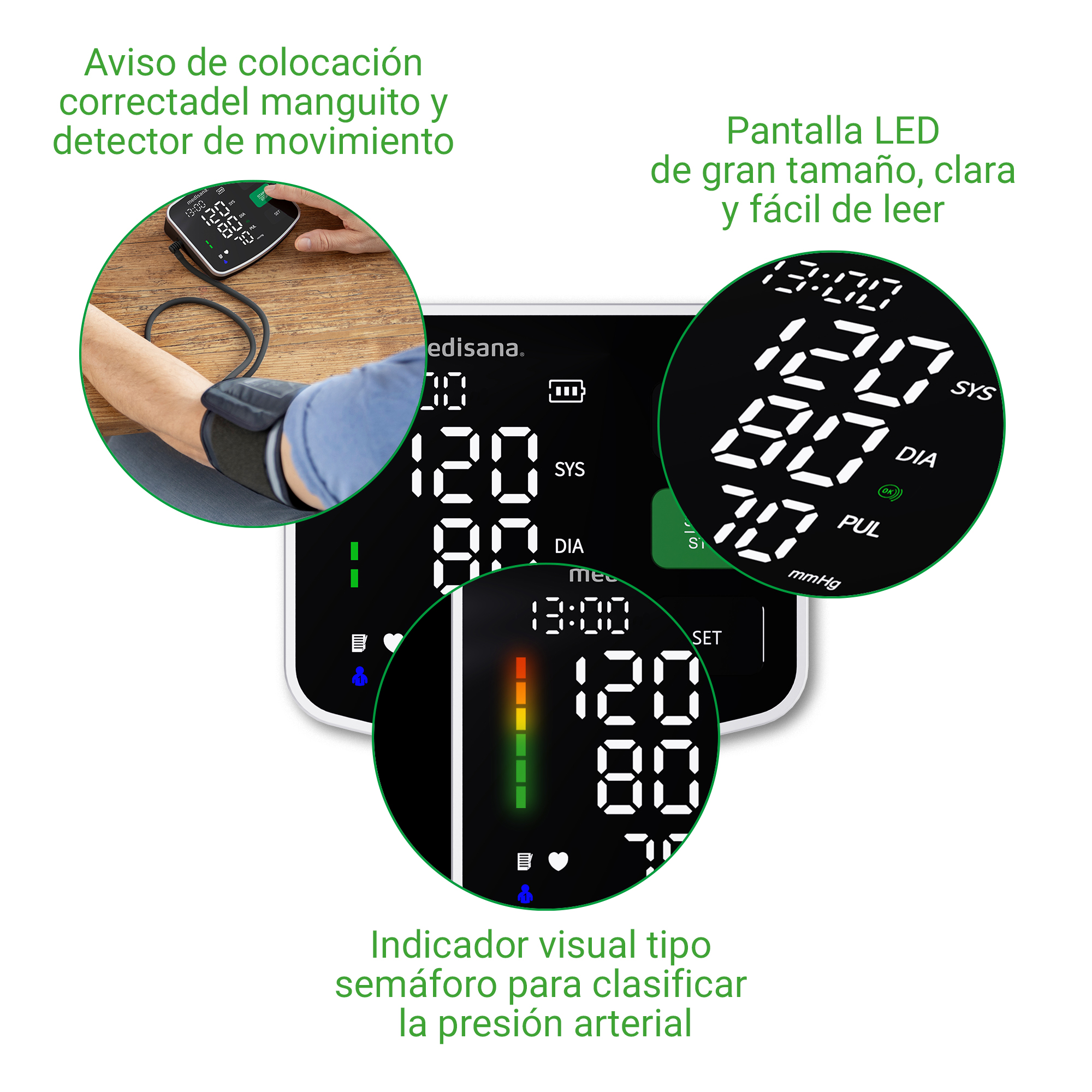 Ein Blutdruckmessgerät mit großem LED-Display und Manschette am Arm.