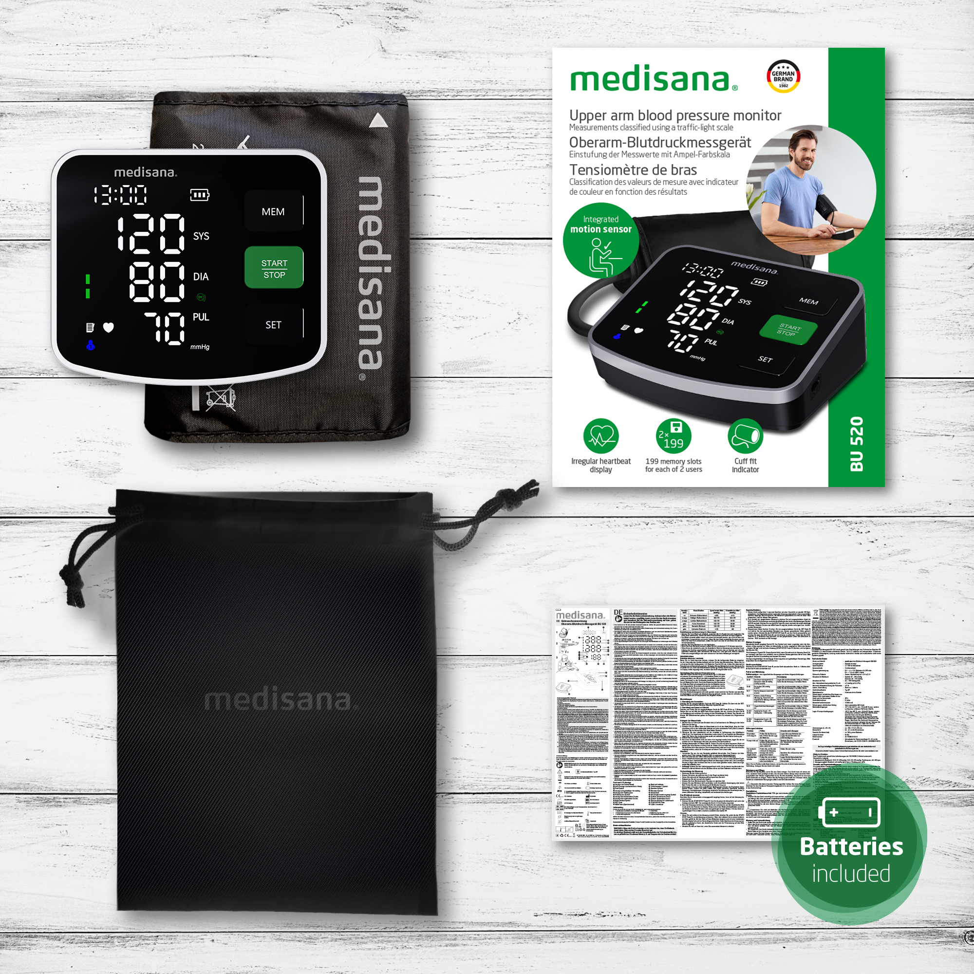 Medisana Oberarm-Blutdruckmessgerät mit Manschette, schwarzer Tasche und Anleitung.