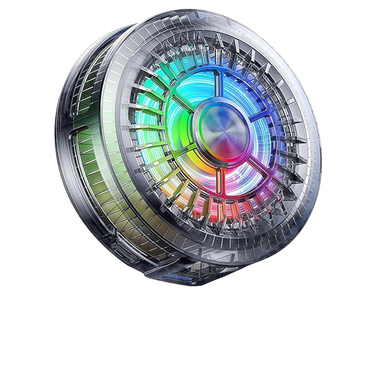 Ein runder Lüfter mit Regenbogen-LED-Beleuchtung und transparentem Gehäuse.