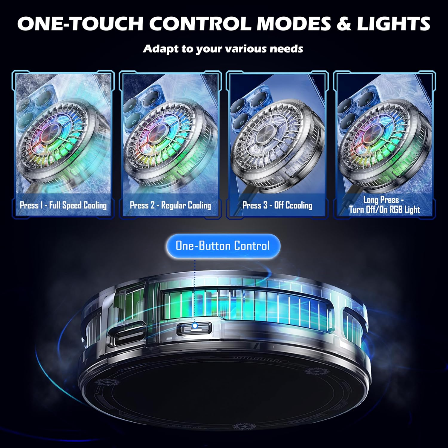 Ein Handy-Kühler mit RGB-Licht und vier Modi: Volle Kühlung, normale Kühlung, Aus, Licht an/aus.