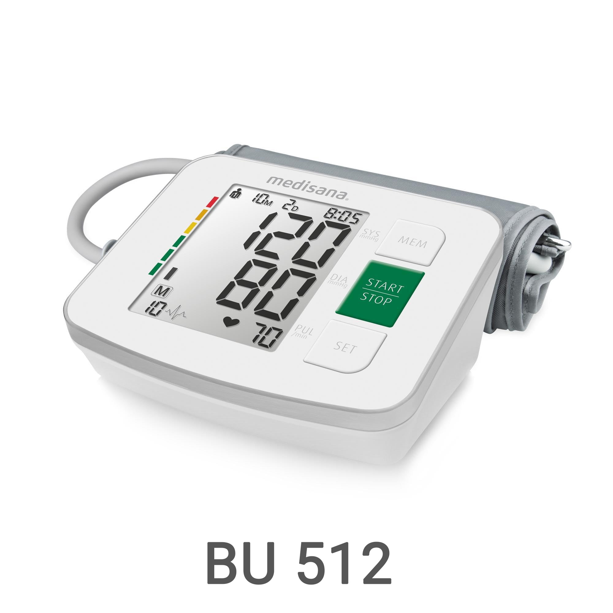 Ein weißes medisana. Blutdruckmessgerät mit großem Display zeigt 120/80 mmHg.