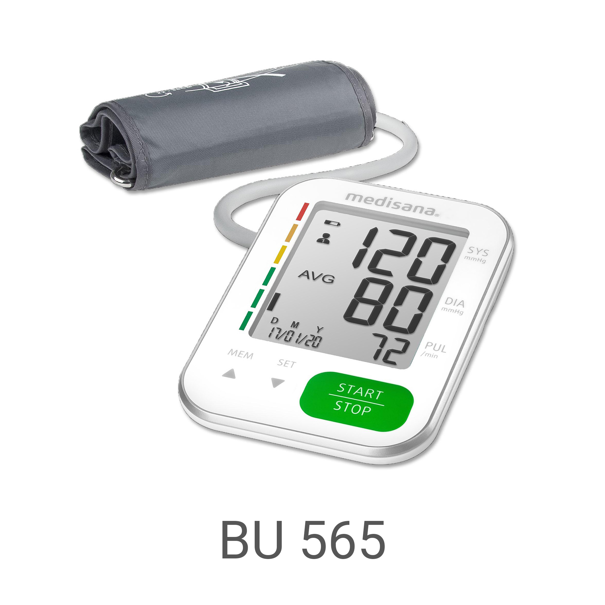 Un tensiómetro digital con manguito y pantalla LCD muestra 120/80 mmHg.