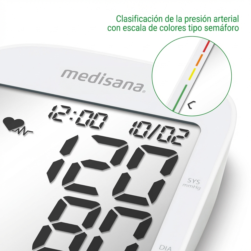 Een Medisana bloeddrukmeter toont 12:00 en 10/02, met een kleurenschaal.
