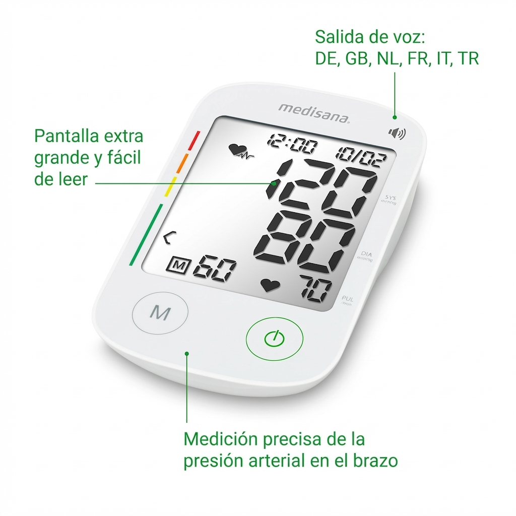 Een witte Medisana bovenarm bloeddrukmeter met groot display.