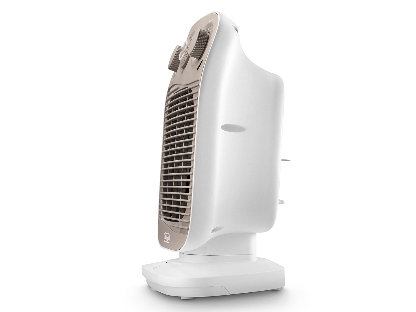Ein weißer Turmventilator mit goldenen Akzenten und Bedienelementen.
