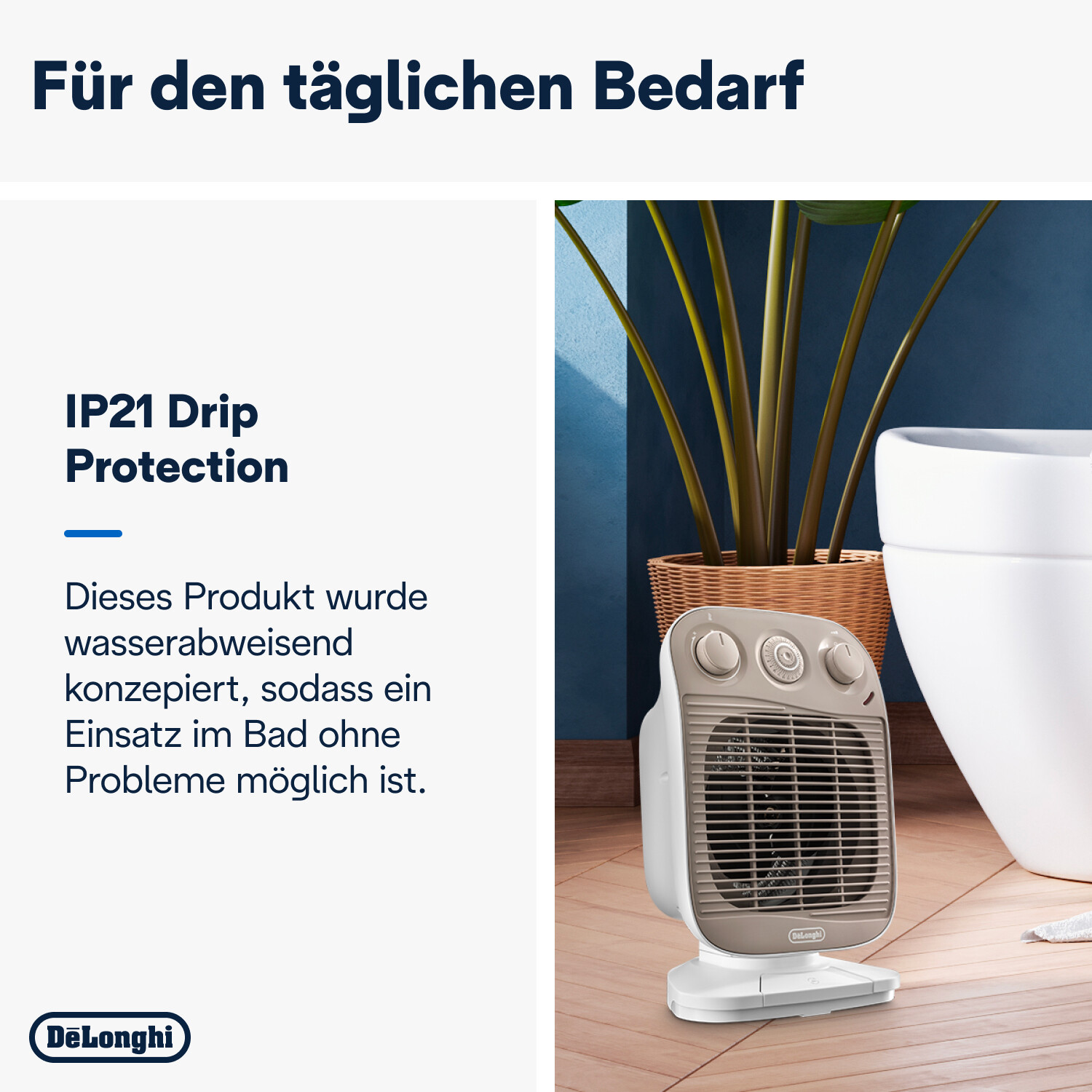 Ein weißer DeLonghi Heizlüfter steht auf einem Holzboden neben einem großen weißen Objekt.