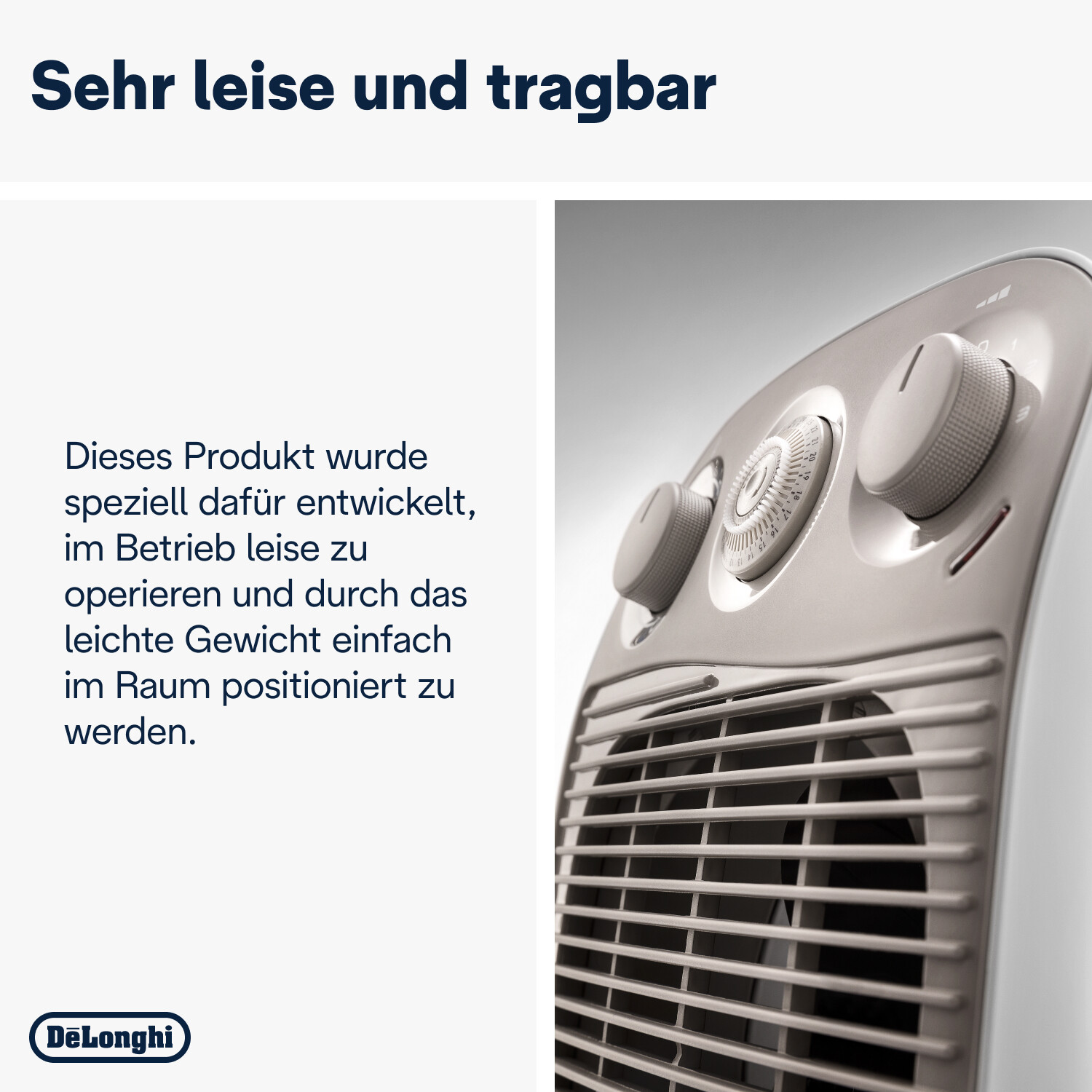 Nahaufnahme eines weißen Heizlüfters mit zwei Drehreglern und Lüftungsgitter.