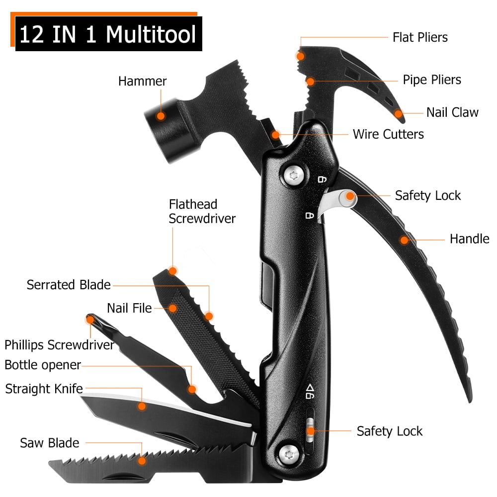 Schwarzes 12-in-1 Multitool mit Hammer, Zange, Schraubendrehern, Messer, Säge und Flaschenöffner.