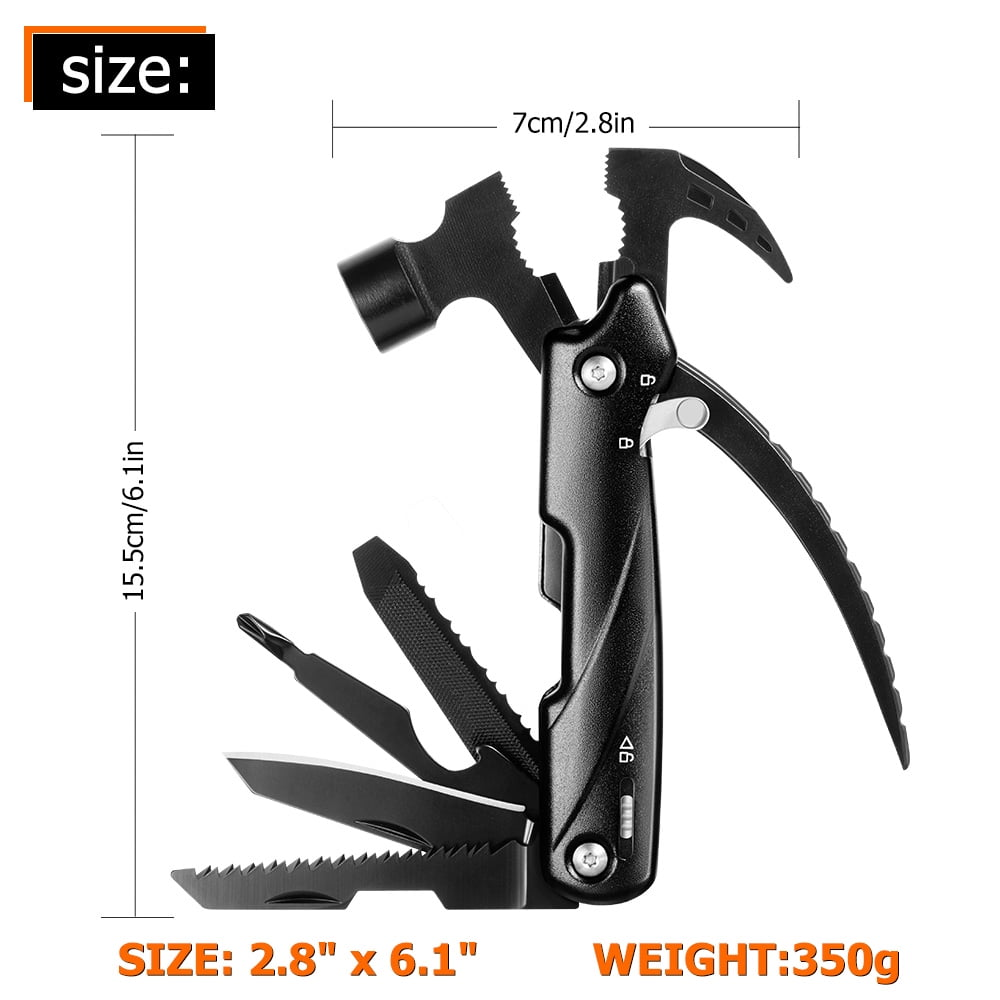 Schwarzes Multitool mit Hammer, Zange, Messer, Säge und Schraubendreher.