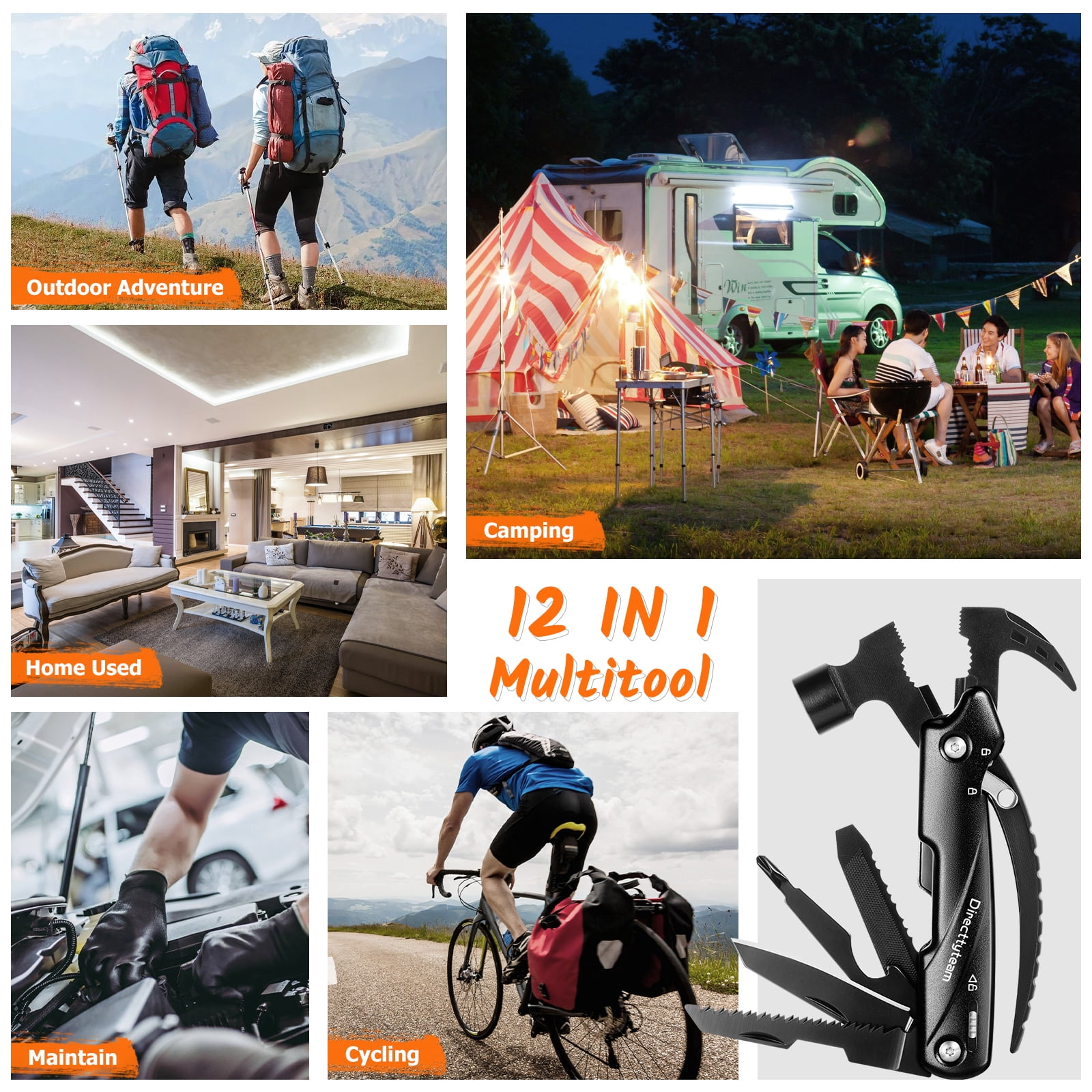 Collage aus Abenteuer im Freien, Camping, Wohninterieur, Wartung, Radfahren und einem Multitool.