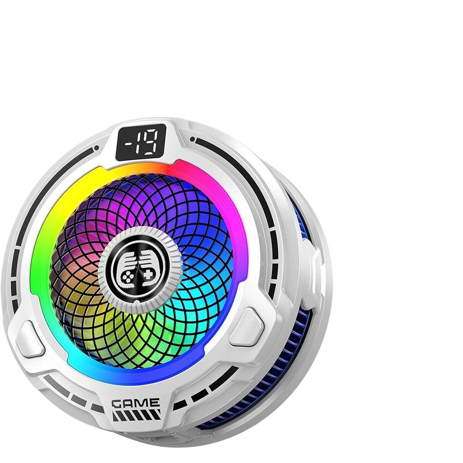 Weißer Handykühler mit RGB-Lüfter, Digitalanzeige zeigt -19 und Text 'GAME'.