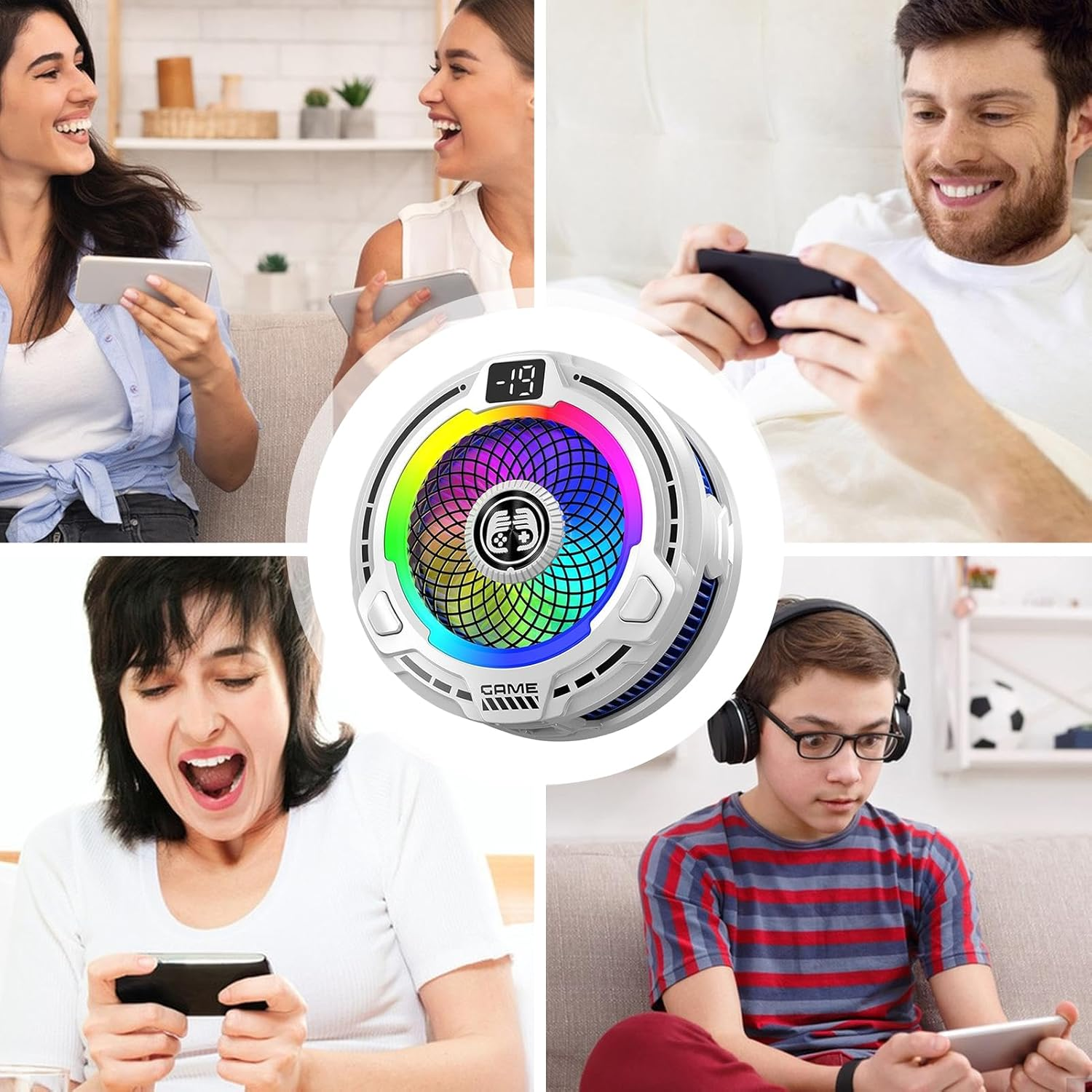 Vier Personen spielen Handyspiele, ein Lüfter ist in der Mitte.