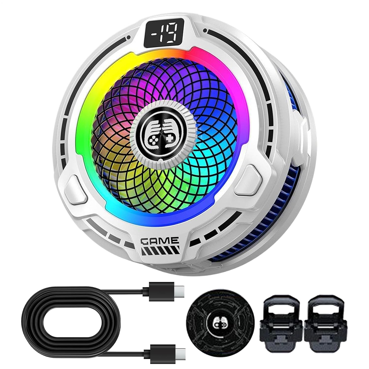 Weißer Handykühler mit RGB-Lüfter, Digitalanzeige, USB-Kabel und zwei Clips.
