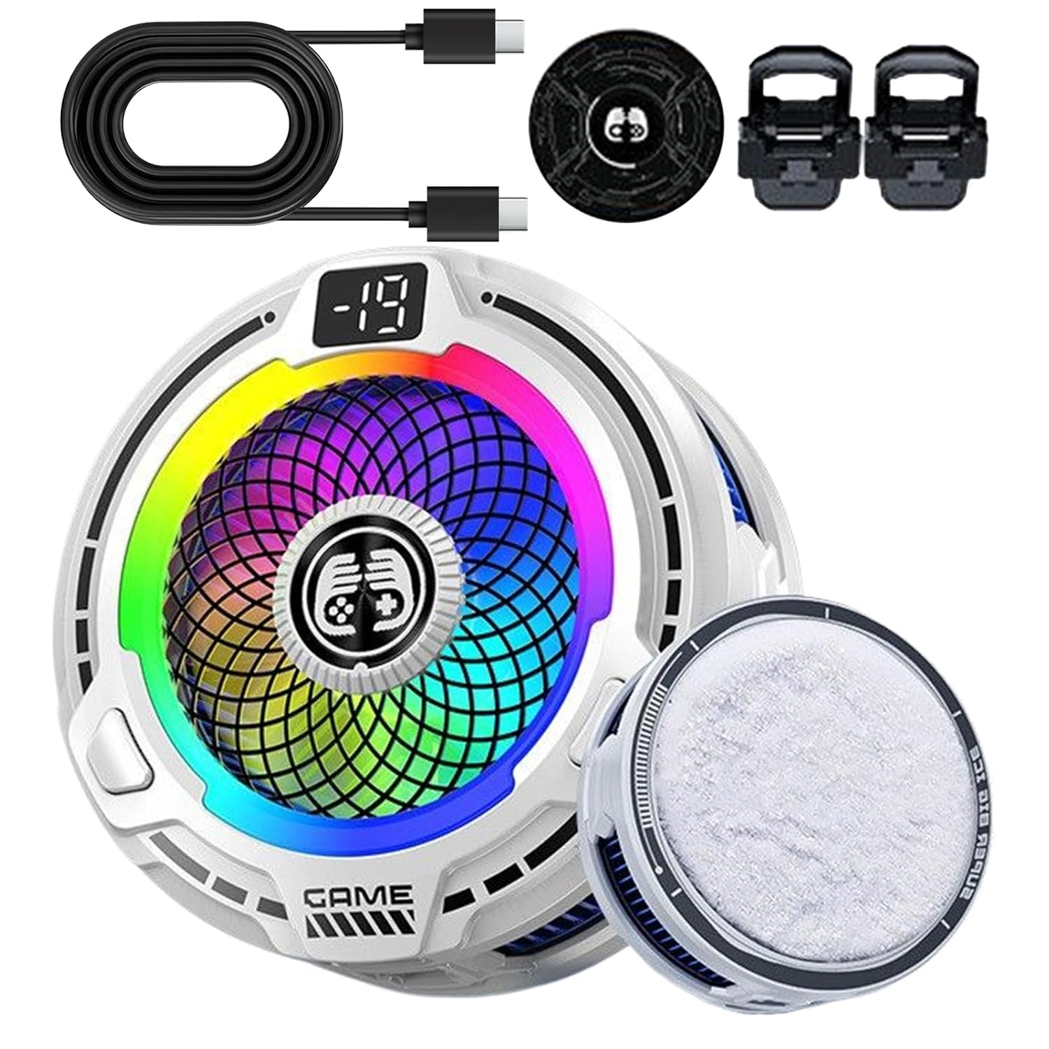 Weißer Handykühler mit RGB-Lüfter, USB-C-Kabel und Clips.