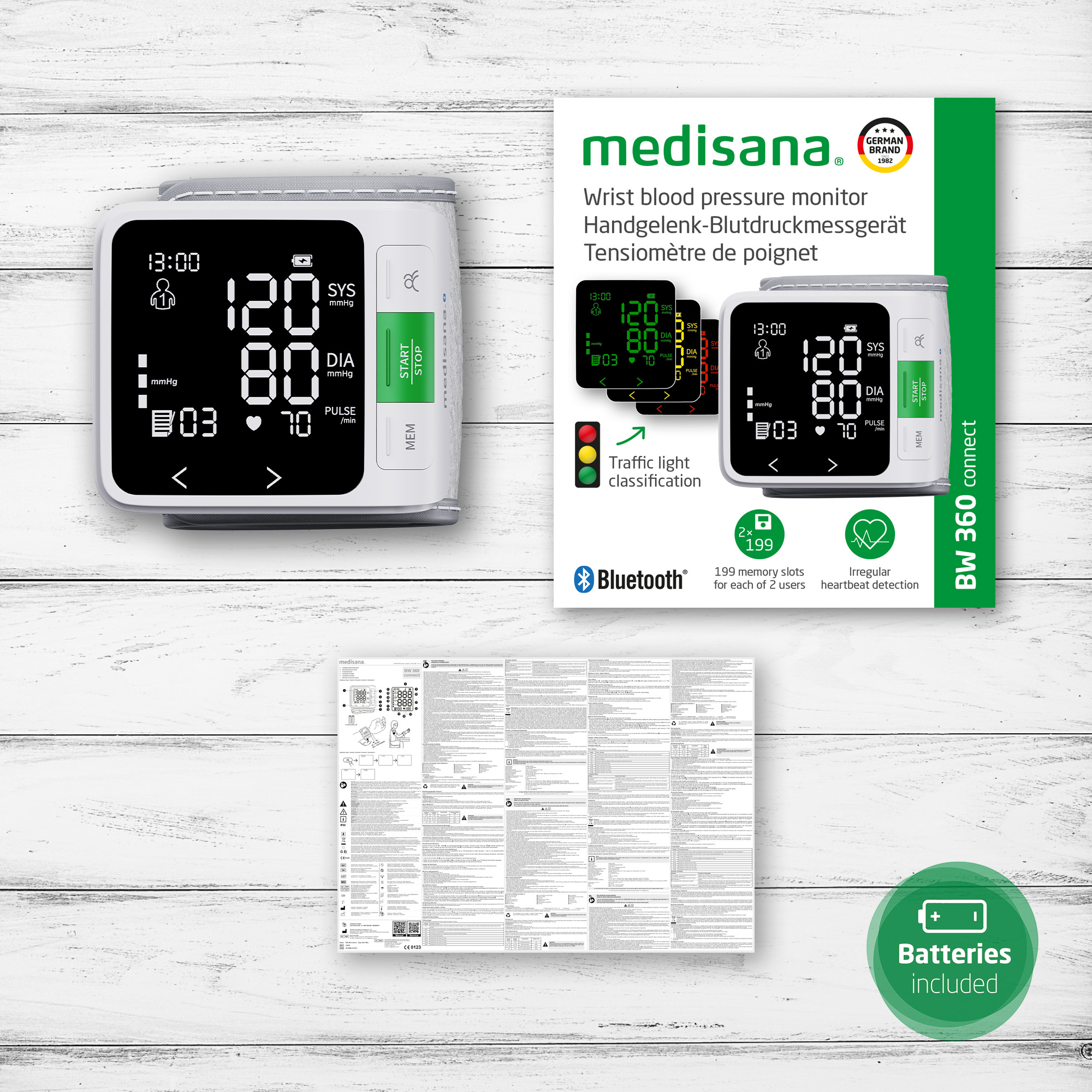 Medisana Handgelenk-Blutdruckmessgerät mit digitaler Anzeige, Bedienungsanleitung und Batterien enthalten.