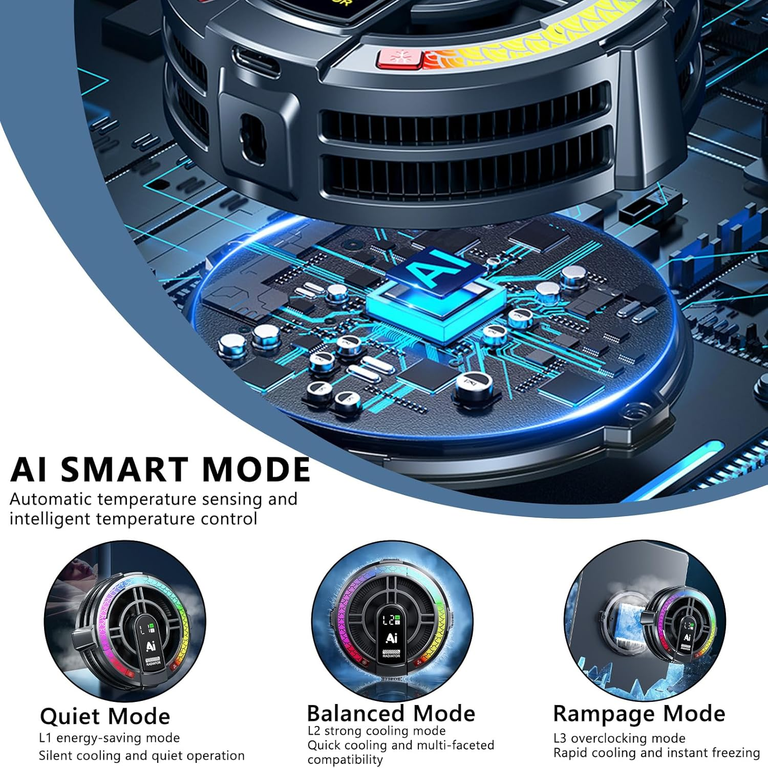 KI-Smart-Modus-Diagramm mit drei Modi: Leise, Ausgeglichen und Rampage.