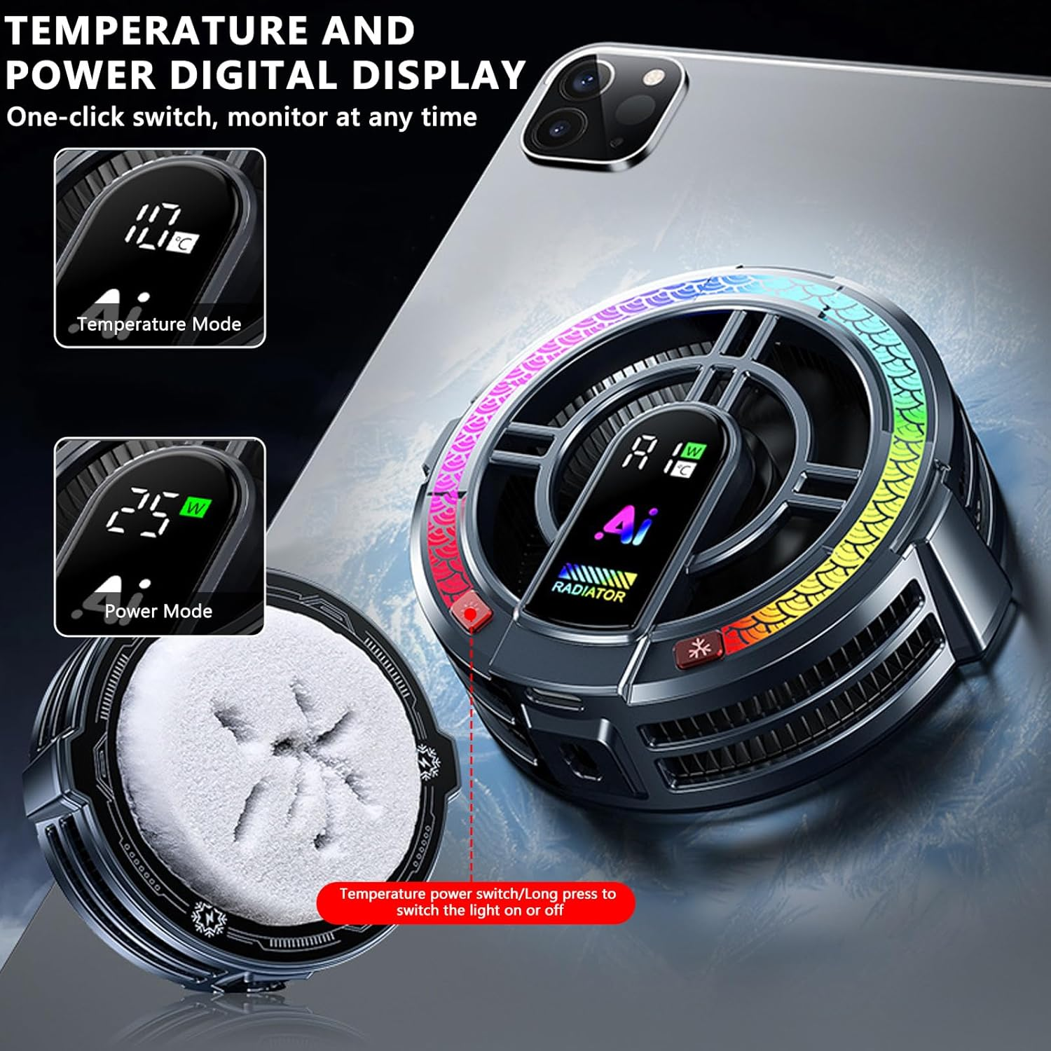 Ein Handy-Kühler mit digitaler Anzeige für Temperatur und Leistung, mit RGB-Beleuchtung.