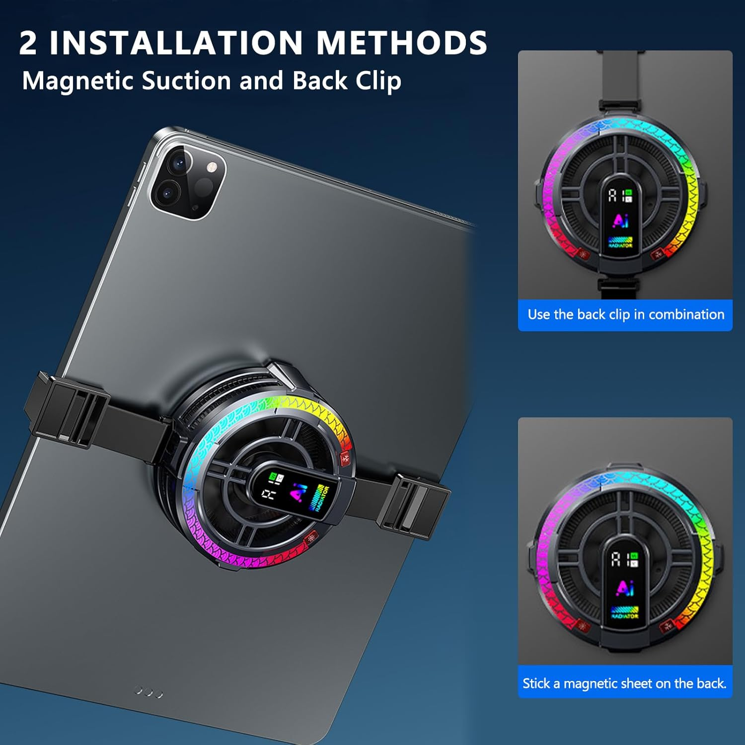Ein Tablet mit einem magnetischen Lüfter, der mit RGB-Licht leuchtet.