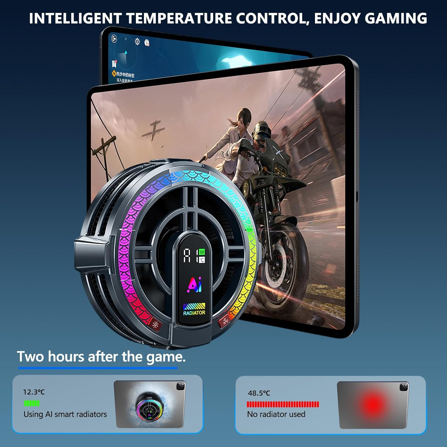 Ein Gaming-Kühler mit RGB-Beleuchtung neben Tablets, die Spiele zeigen.