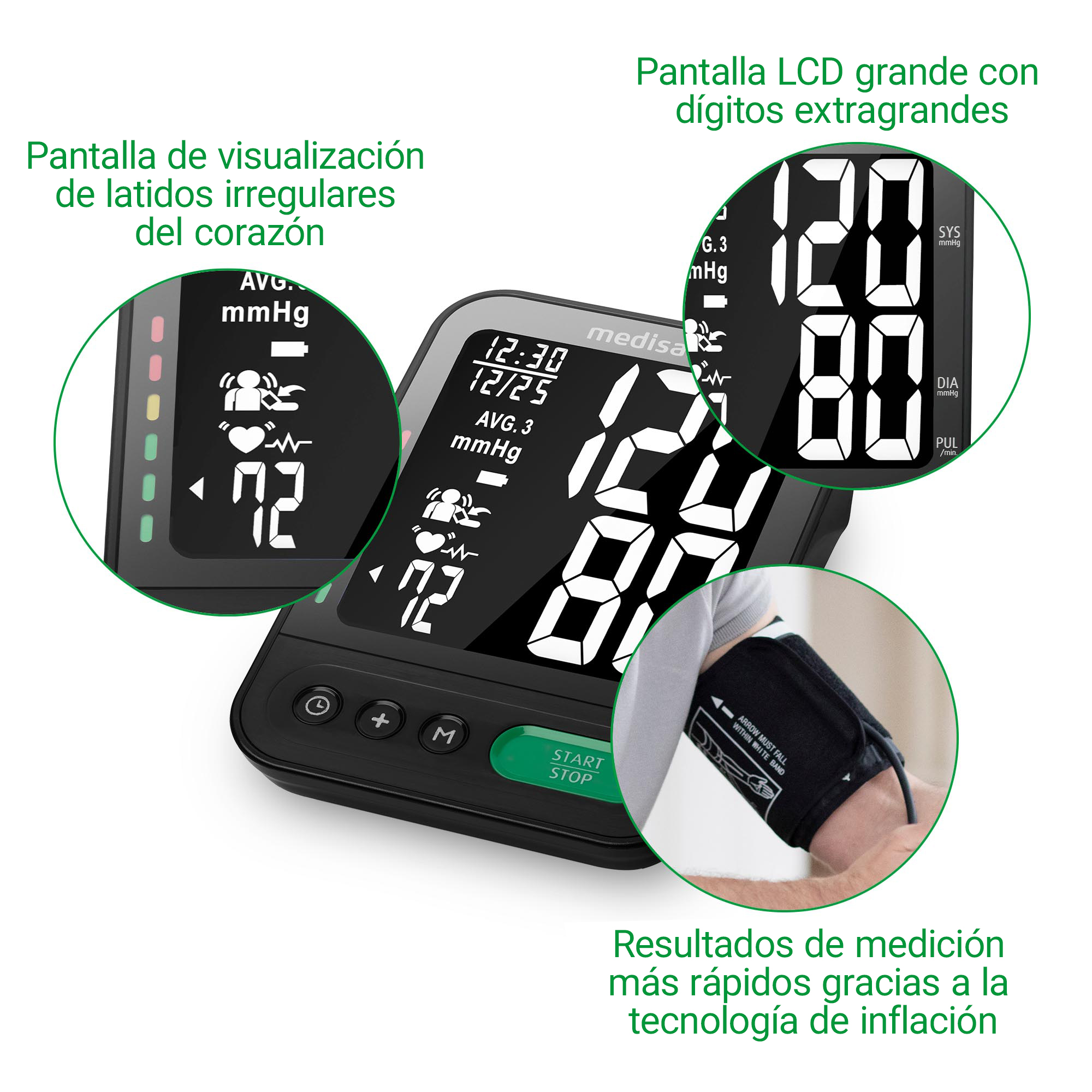 Ciśnieniomierz Medisa z dużym ekranem LCD pokazuje 120/80 mmHg i tętno.