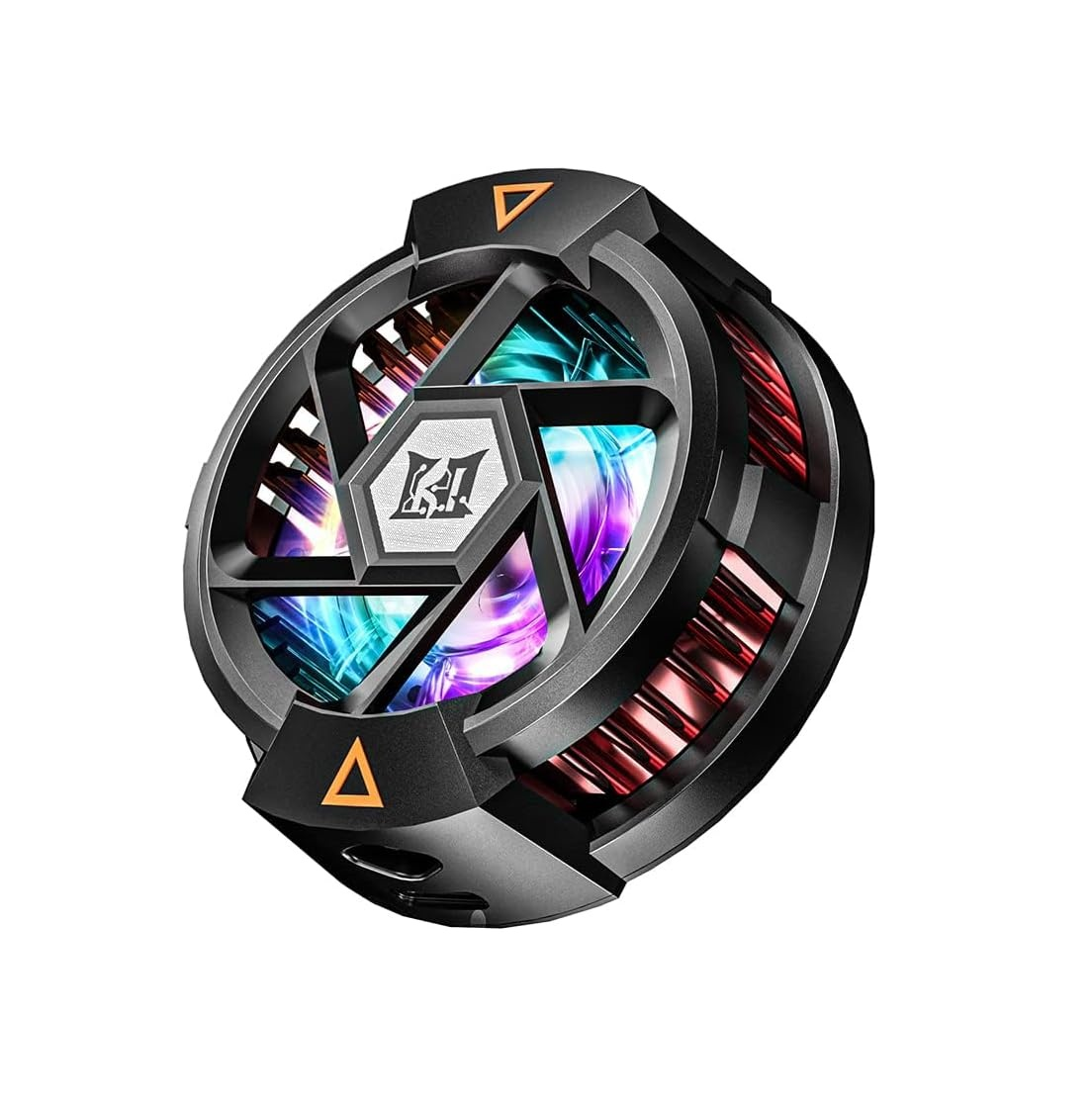 Schwarzer Handykühler mit RGB-Beleuchtung und Deltasymbolen. Zentrales Logo.