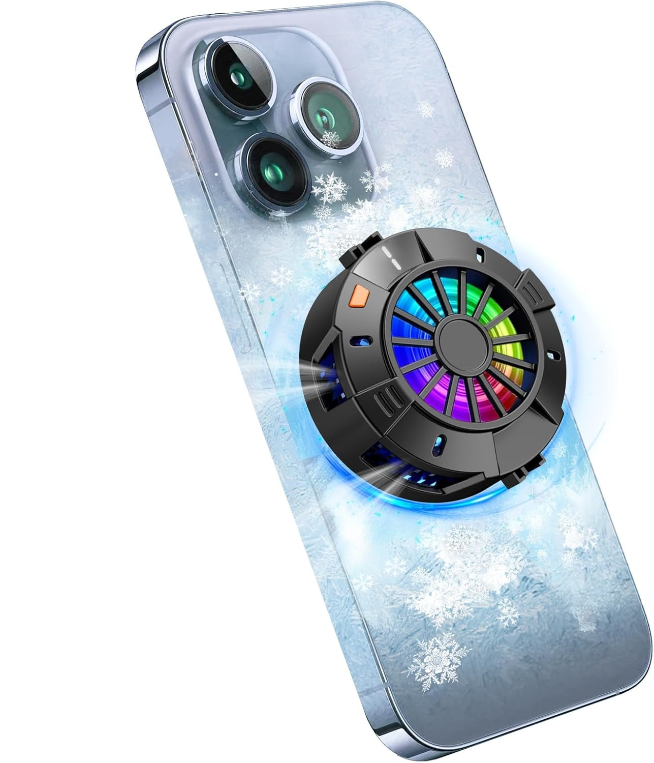 Ein schwarzer Handykühler mit bunten RGB-Lichtern ist an einer durchsichtigen Handyhülle mit Schneeflocken befestigt.