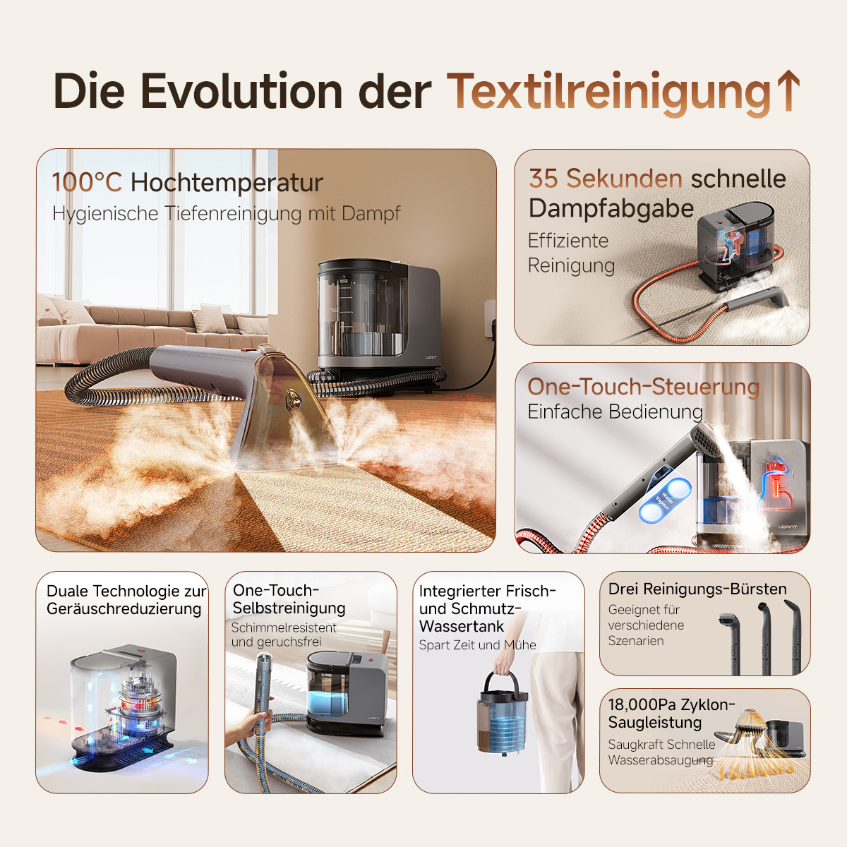 Ein Dampfreiniger reinigt Teppich mit heißem Dampf. Infografik zeigt Funktionen.