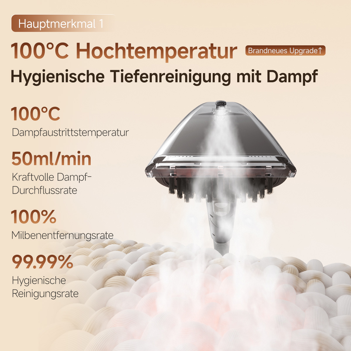 Dampfreiniger mit 100°C Heißdampf für hygienische Tiefenreinigung von Stoffen.