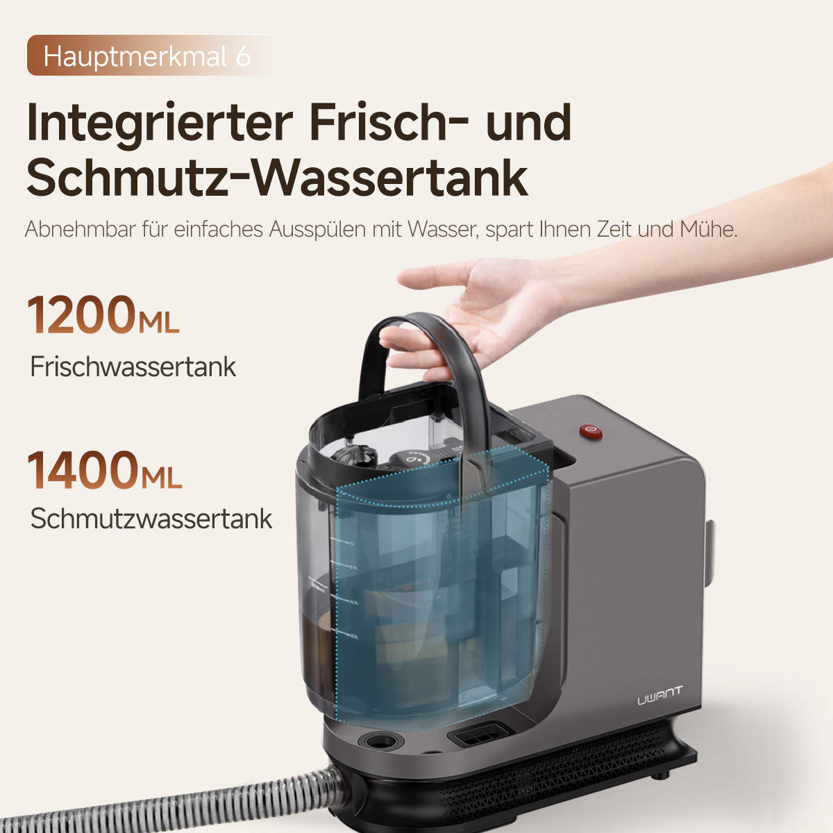 Ein graues Gerät mit abnehmbaren Frisch- und Schmutzwassertanks.