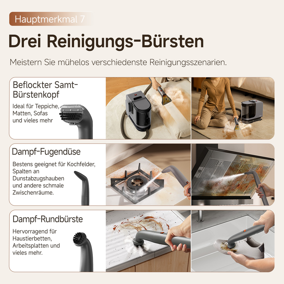 Drei Dampfreinigungsbürsten für Teppiche, Kochfelder und mehr.