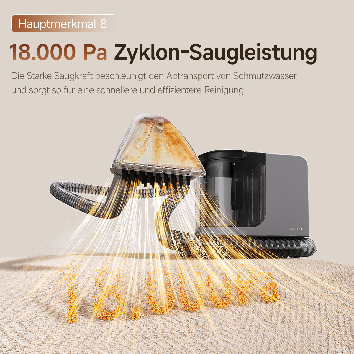 Sauger mit 18.000 Pa Zyklon-Saugleistung reinigt Teppich effizient.