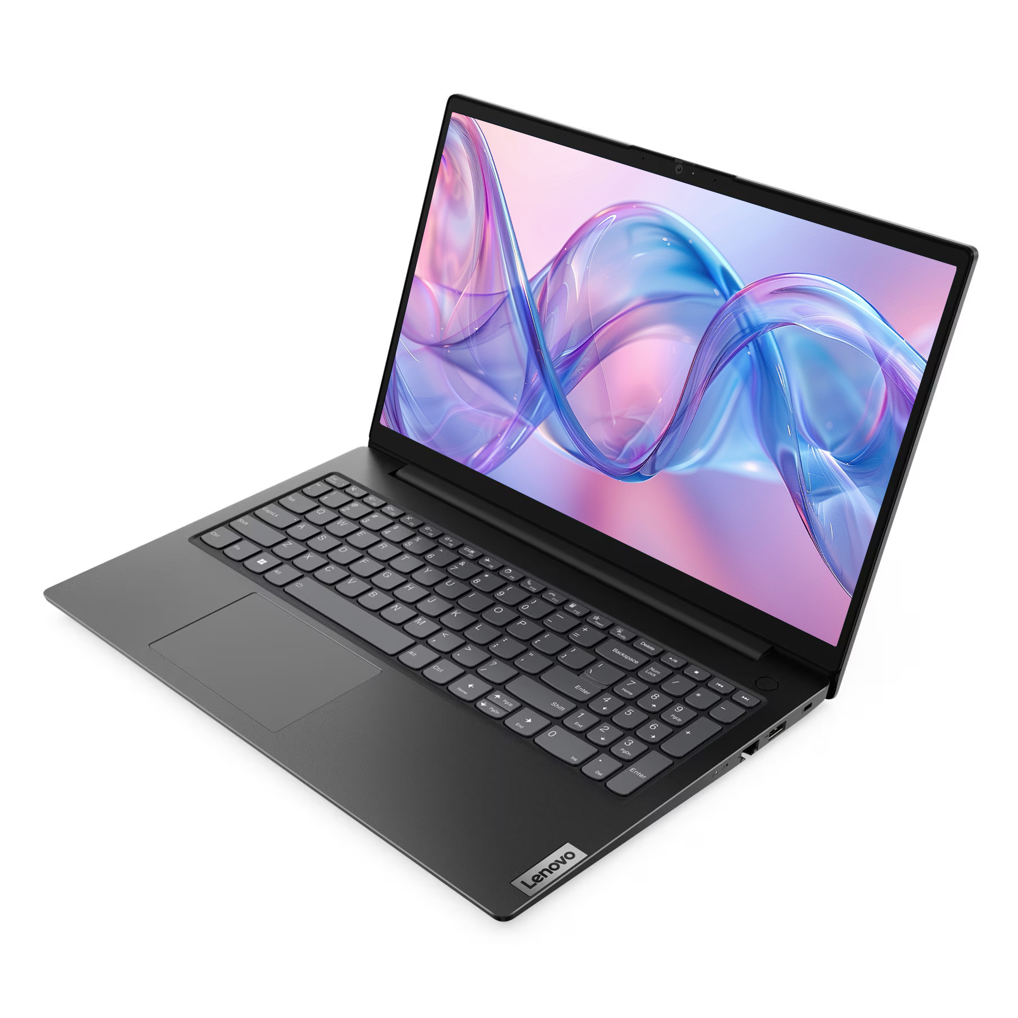 Ekranında soyut, renkli bir arka planı olan koyu renkli Lenovo dizüstü bilgisayar.