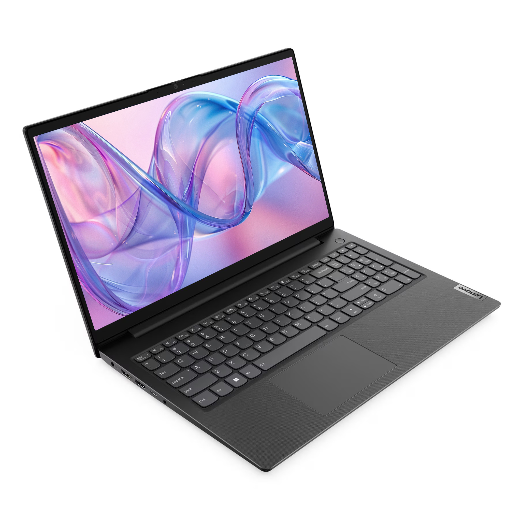 Açık gri Lenovo dizüstü bilgisayar, ekranında renkli bir arka plan gösteriyor.
