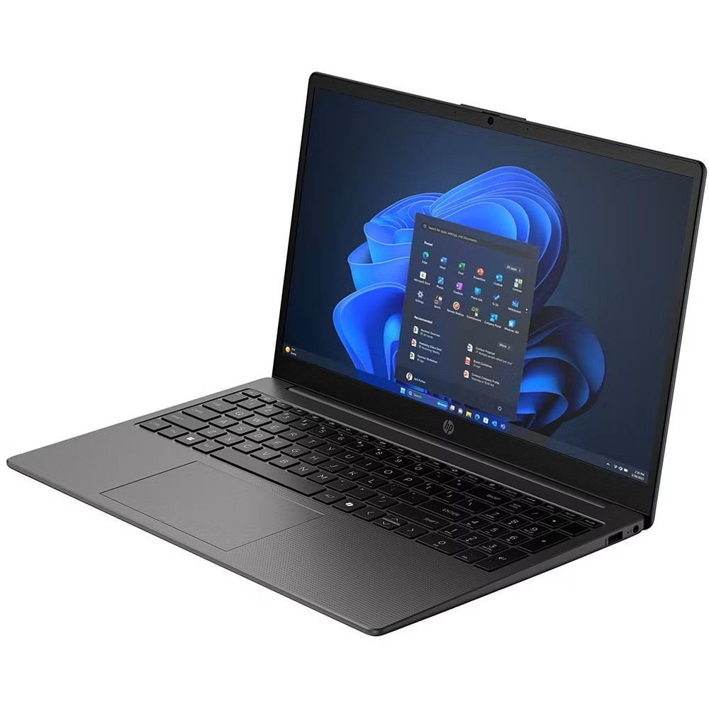 Beyaz zeminde Windows 11 gösteren koyu renk HP dizüstü bilgisayar.