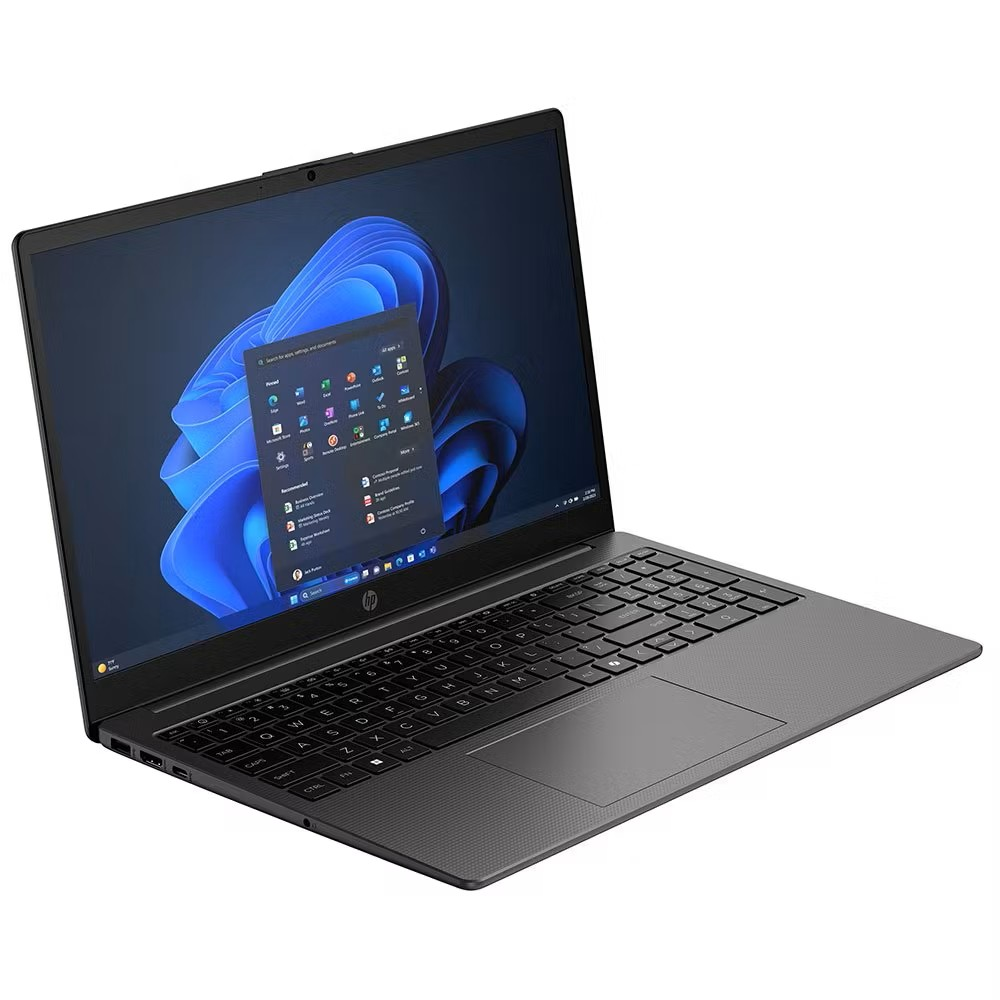 Açık siyah bir HP dizüstü bilgisayar, ekranında Windows 11 başlangıç menüsünü gösteriyor.
