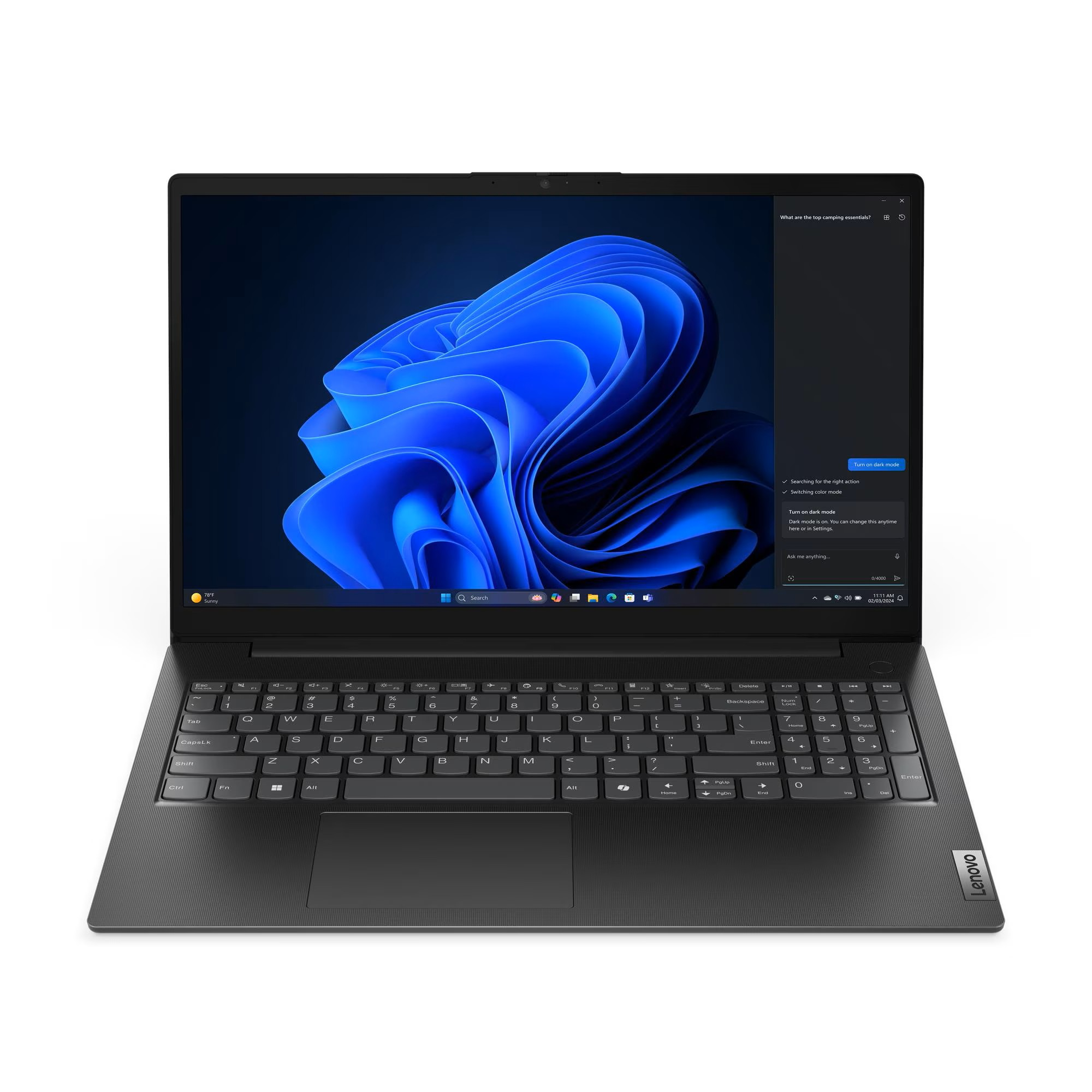 Siyah bir Lenovo dizüstü bilgisayar, mavi bir duvar kağıdı ve açık bir pencere gösteriyor.