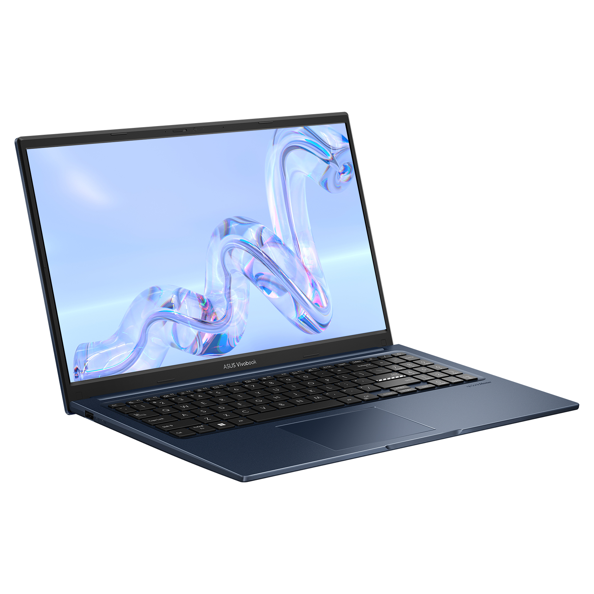 Beyaz arka plan üzerinde klavye ve dokunmatik yüzey bulunan açık, lacivert ASUS Vivobook dizüstü bilgisayar.