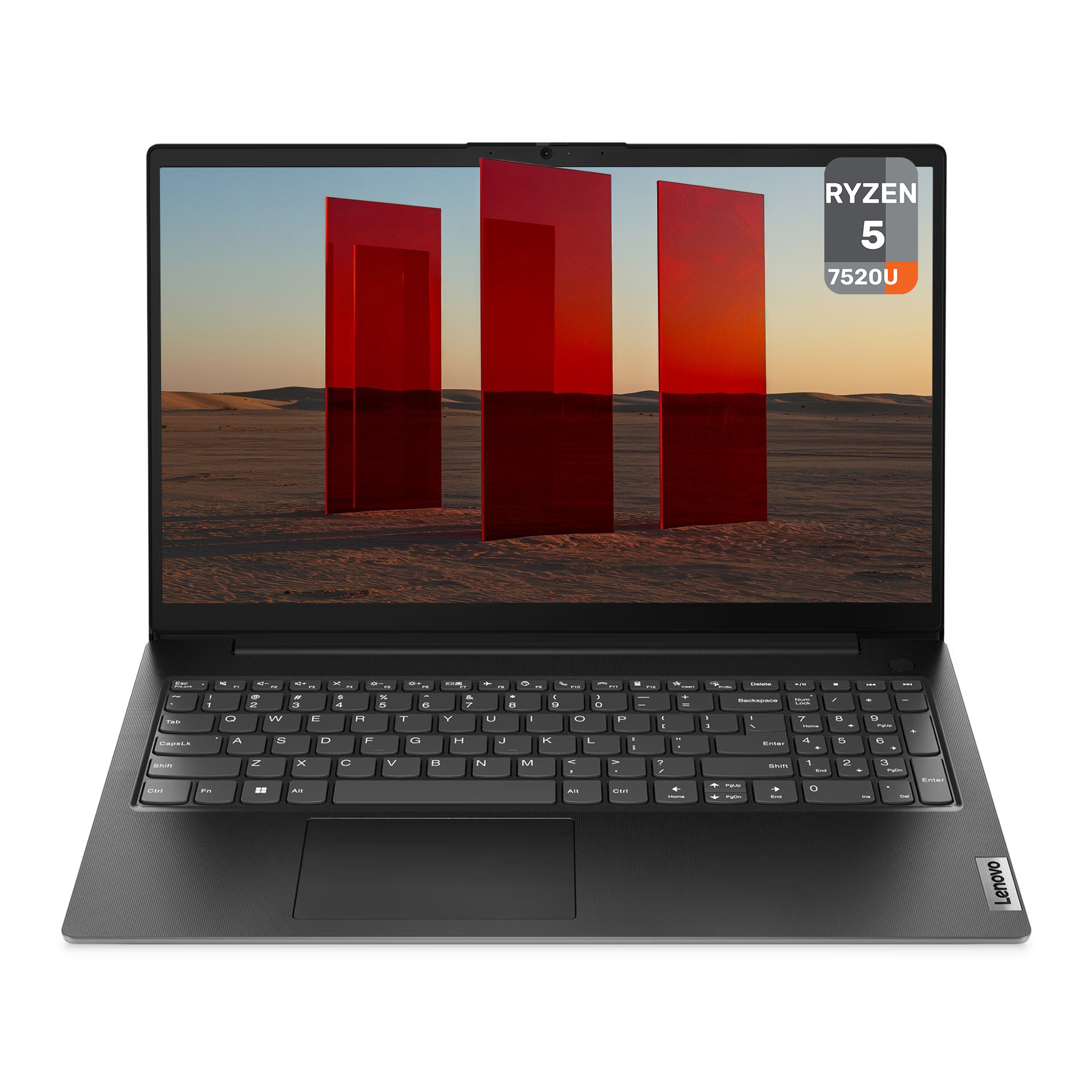 Ryzen 5 7520U işlemcili dizüstü bilgisayar, kırmızı soyut heykellerle çöl sahnesi gösteriyor.