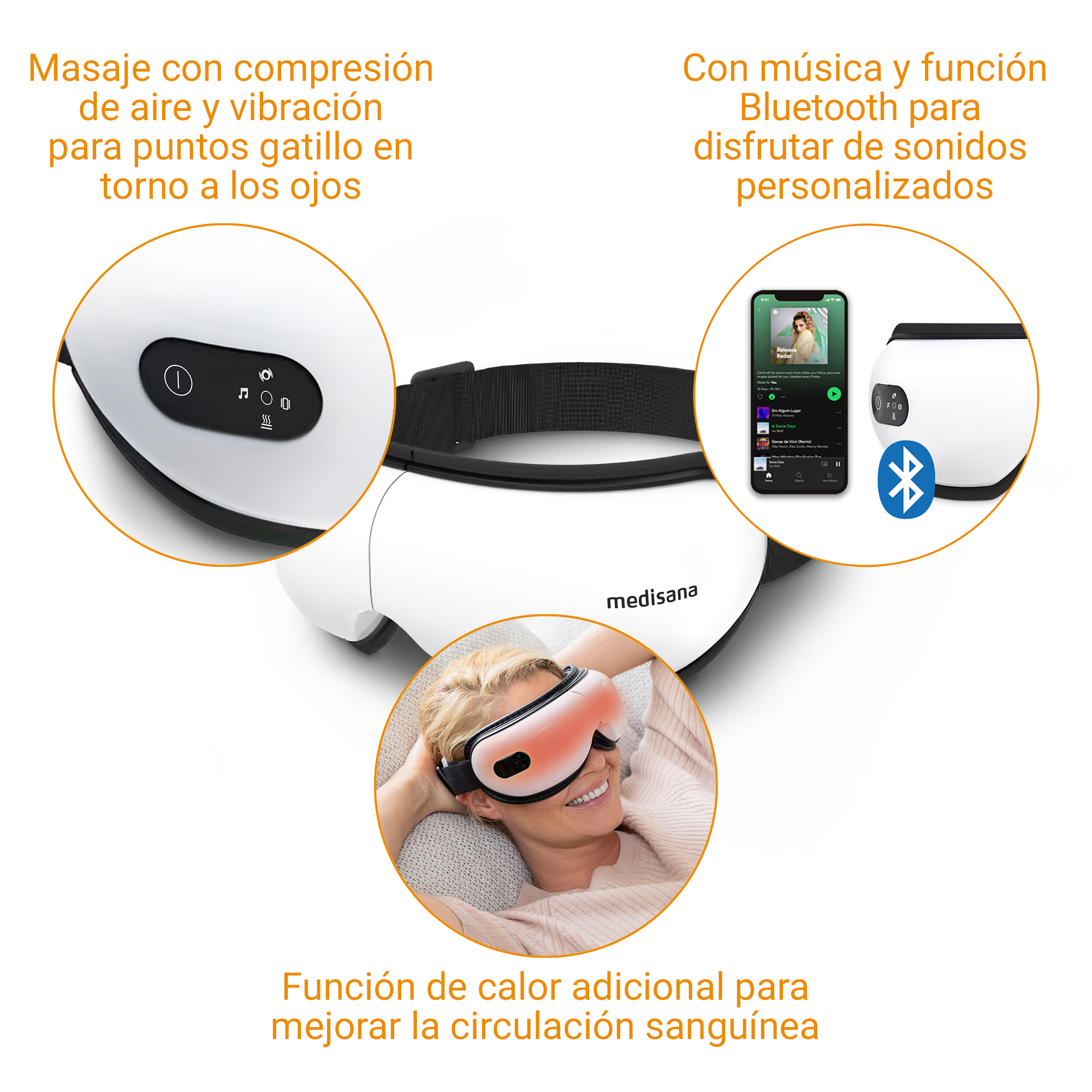 Masajeador ocular Medisana con aire, vibración y calor. Con Bluetooth.