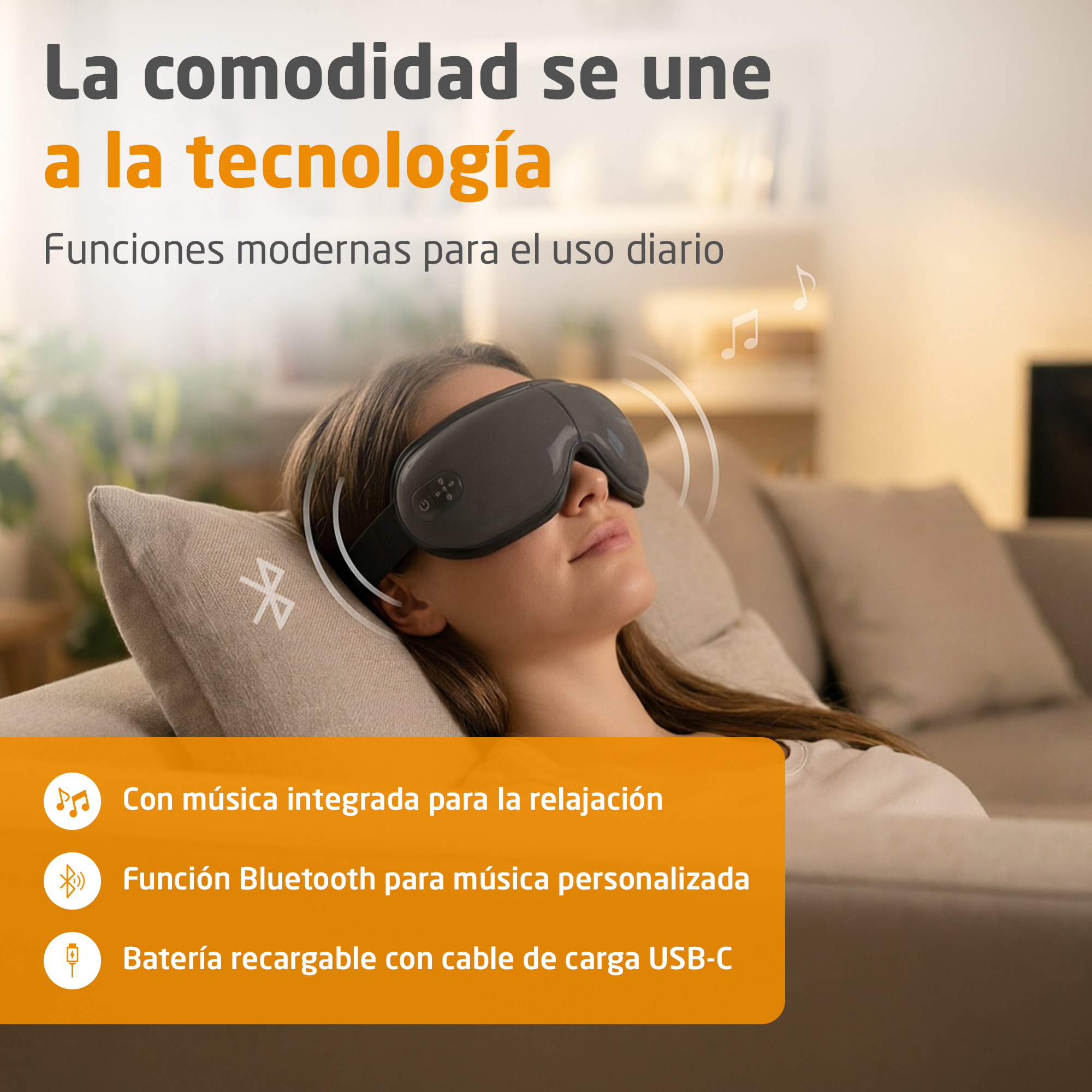 Kobieta w masce na oczy leży na kanapie, z tekstem o muzyce i Bluetooth.
