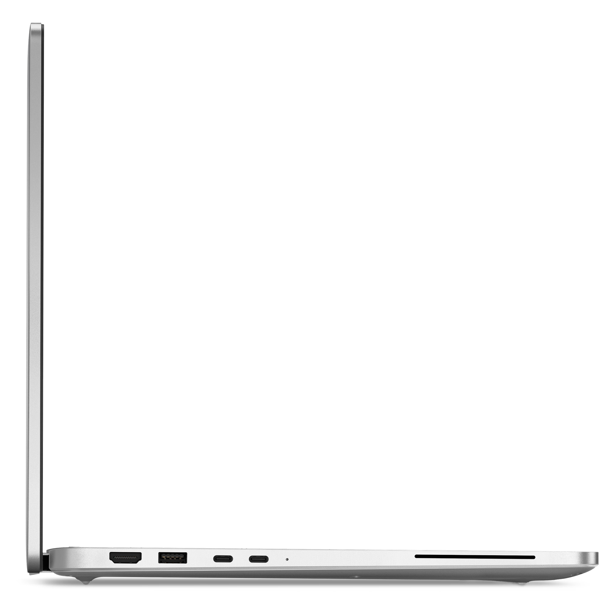 Gümüş rengi dizüstü bilgisayarın yan görünümü, bağlantı noktaları: HDMI, USB-A, 2x USB-C.