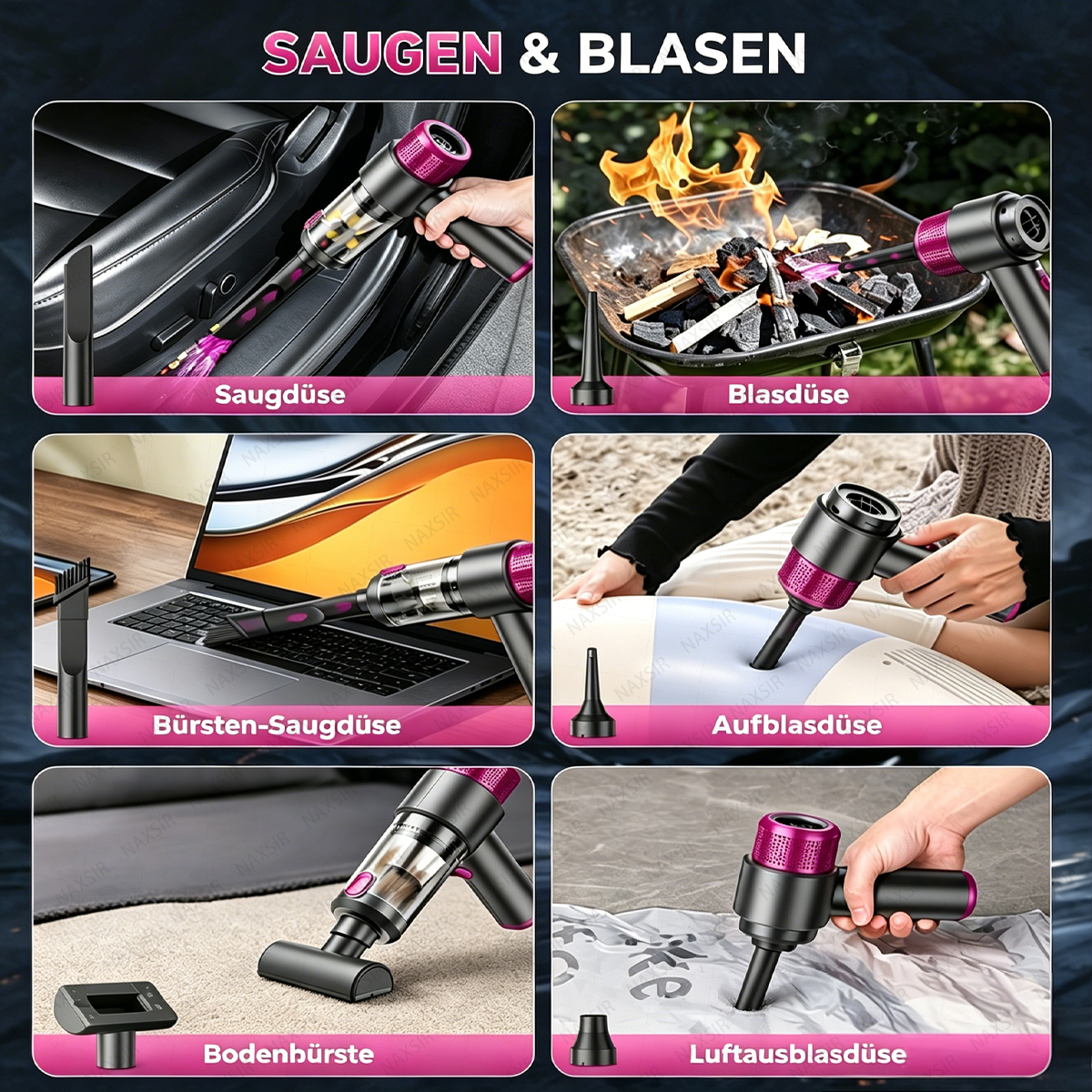 Sechs Bilder zeigen einen kabellosen Staubsauger in Gebrauch: Auto reinigen, Grill anzünden, Laptop säubern, aufblasbares Objekt, Teppich reinigen, aufblasbares Objekt.