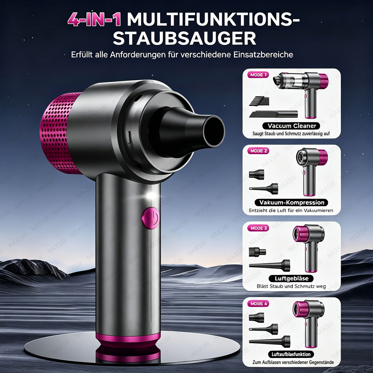 4-in-1 Multifunktions-Staubsauger in Grau und Pink, mit Zubehör für verschiedene Modi.